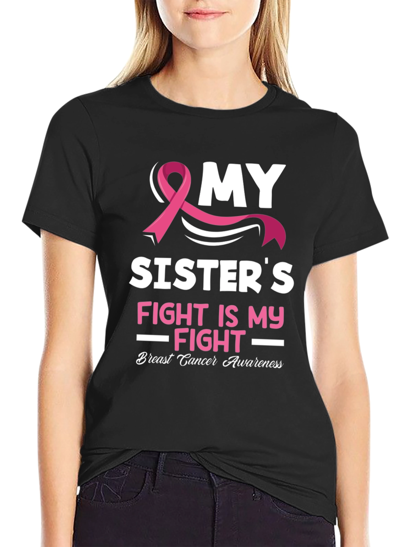 Black My Sister's Fight Breast Cancer Awareness T-Shirt view 2