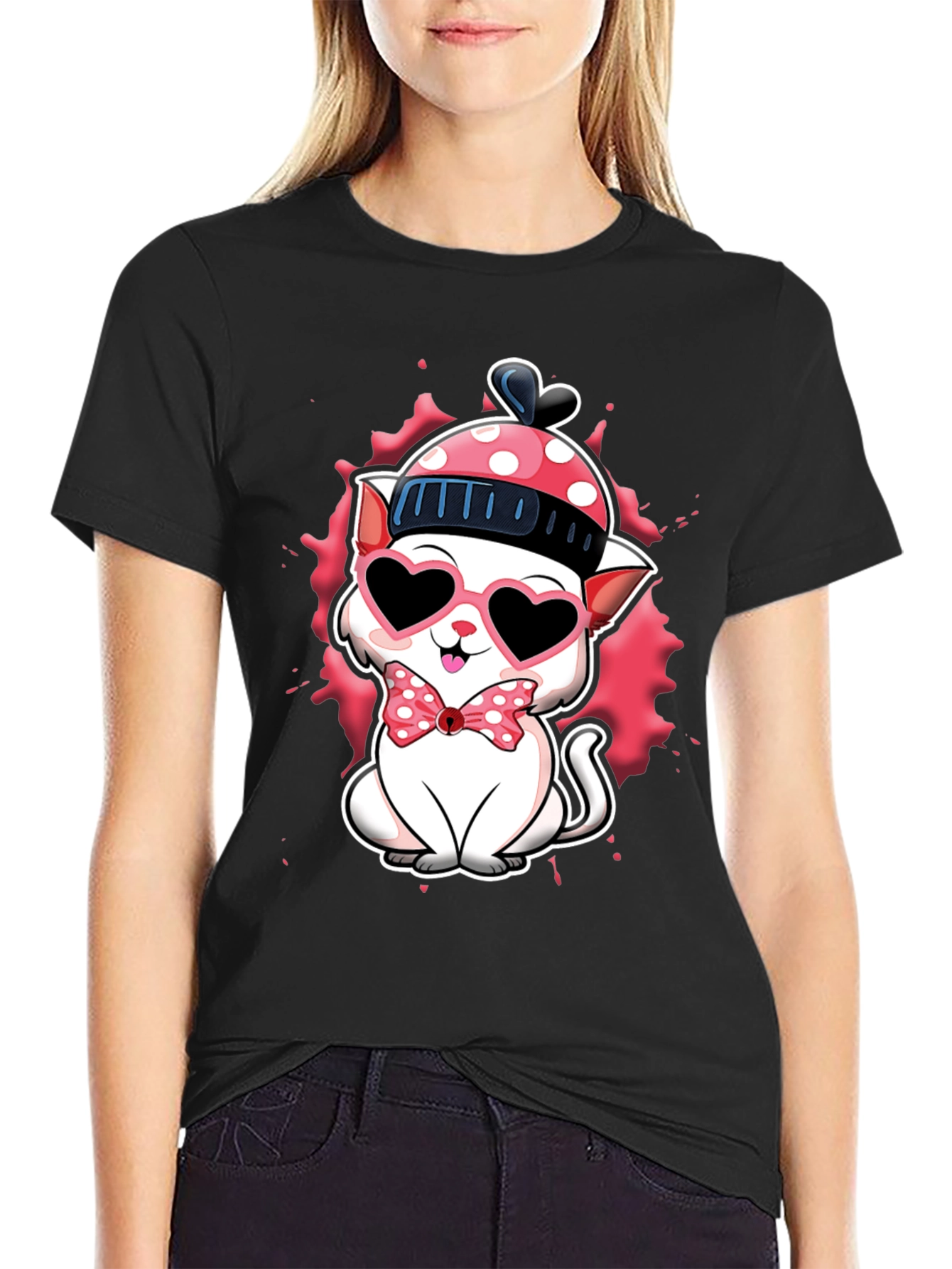 Black Cute Valentine Cat T-Shirt view 2