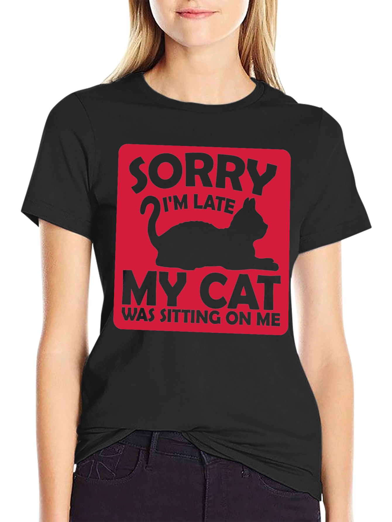 Black Funny Cat Lover T-Shirt: Sorry I'm Late view 2