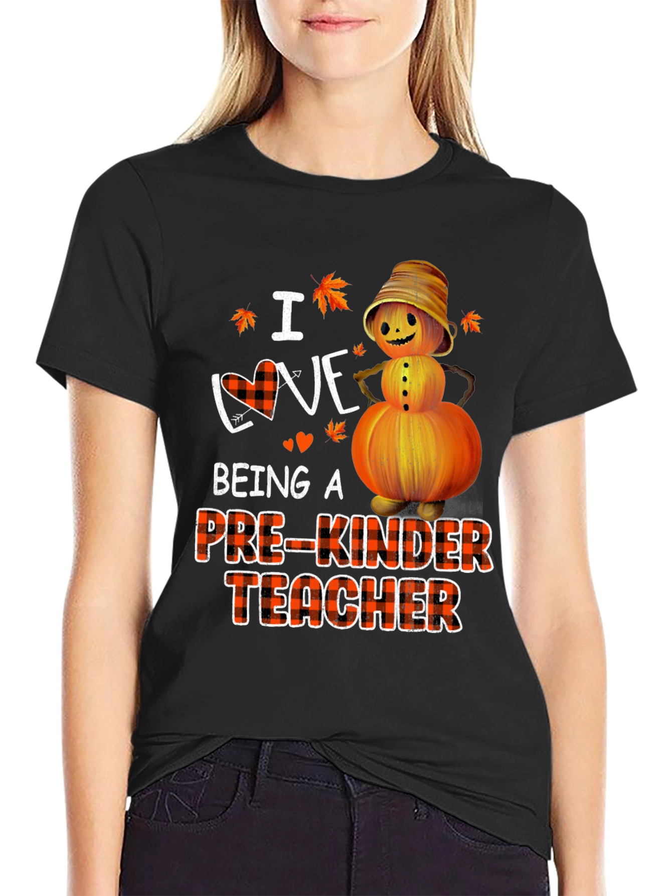 Black Pre-Kinder Teacher Fall Pumpkin T-Shirt view 2