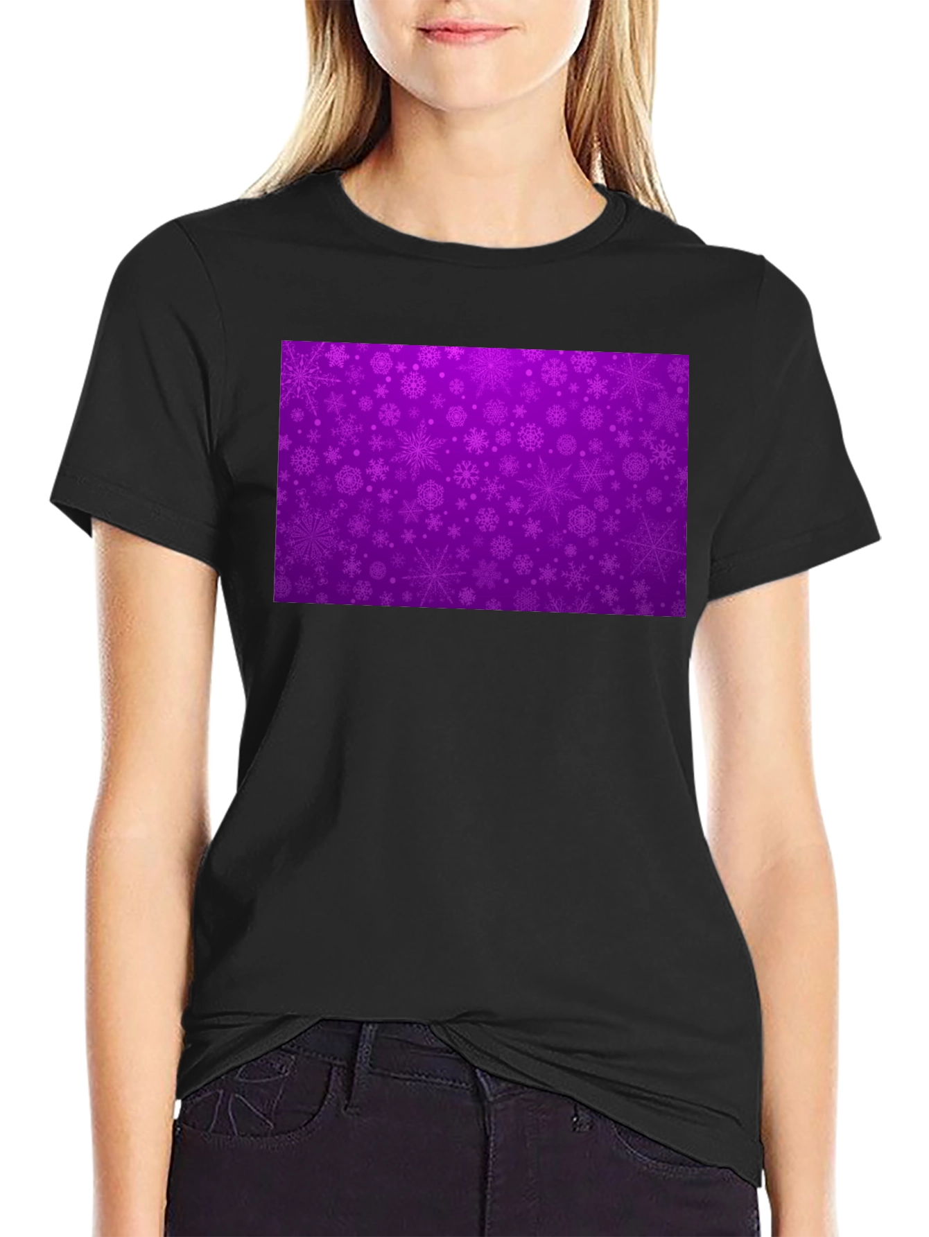Black Purple Snowflake Pattern T-Shirt view 2