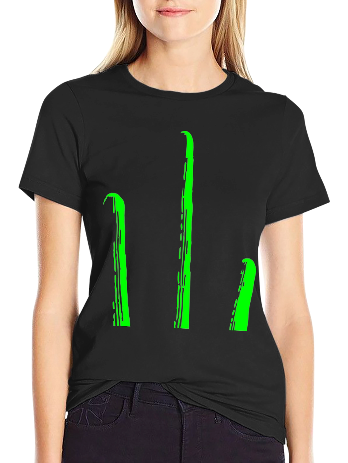 Black Men's Black T-Shirt with Green Stylized Trident Design view 2