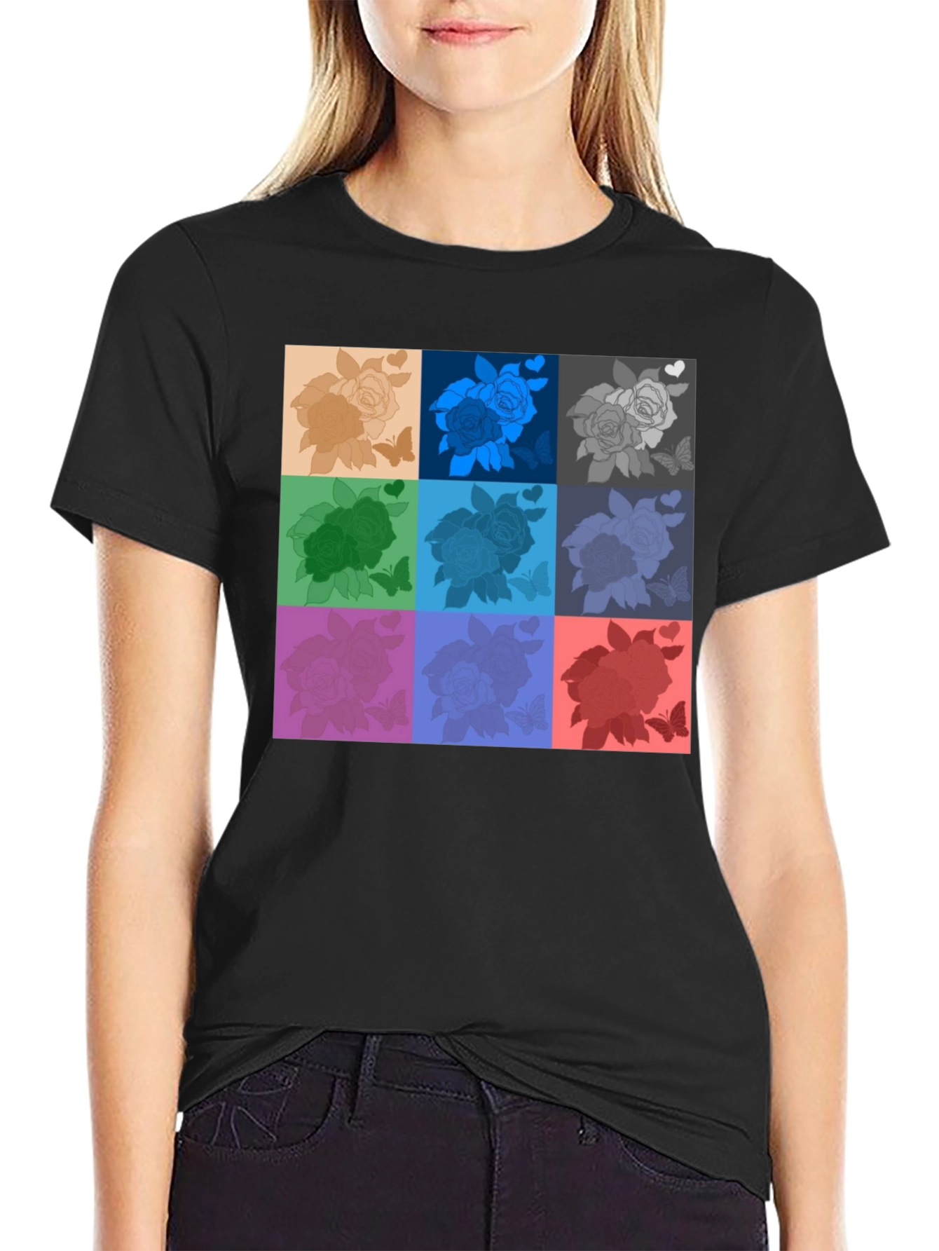 Black Retro Rose Pop Art T-Shirt - Stylish Graphic Tee view 2