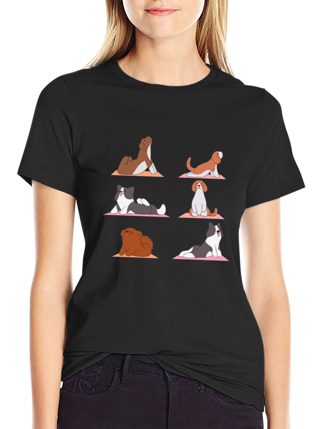 Black Yoga Dog T-Shirt: Funny Cartoon Graphic Tee view 2