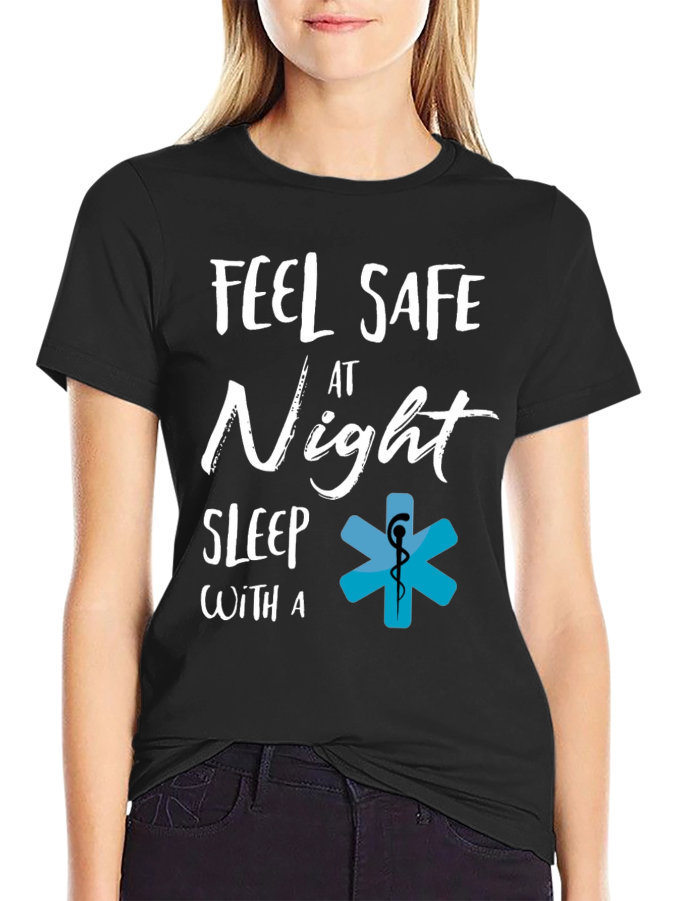 Black Feel Safe at Night T-Shirt, EMS Star of Life Tee view 2