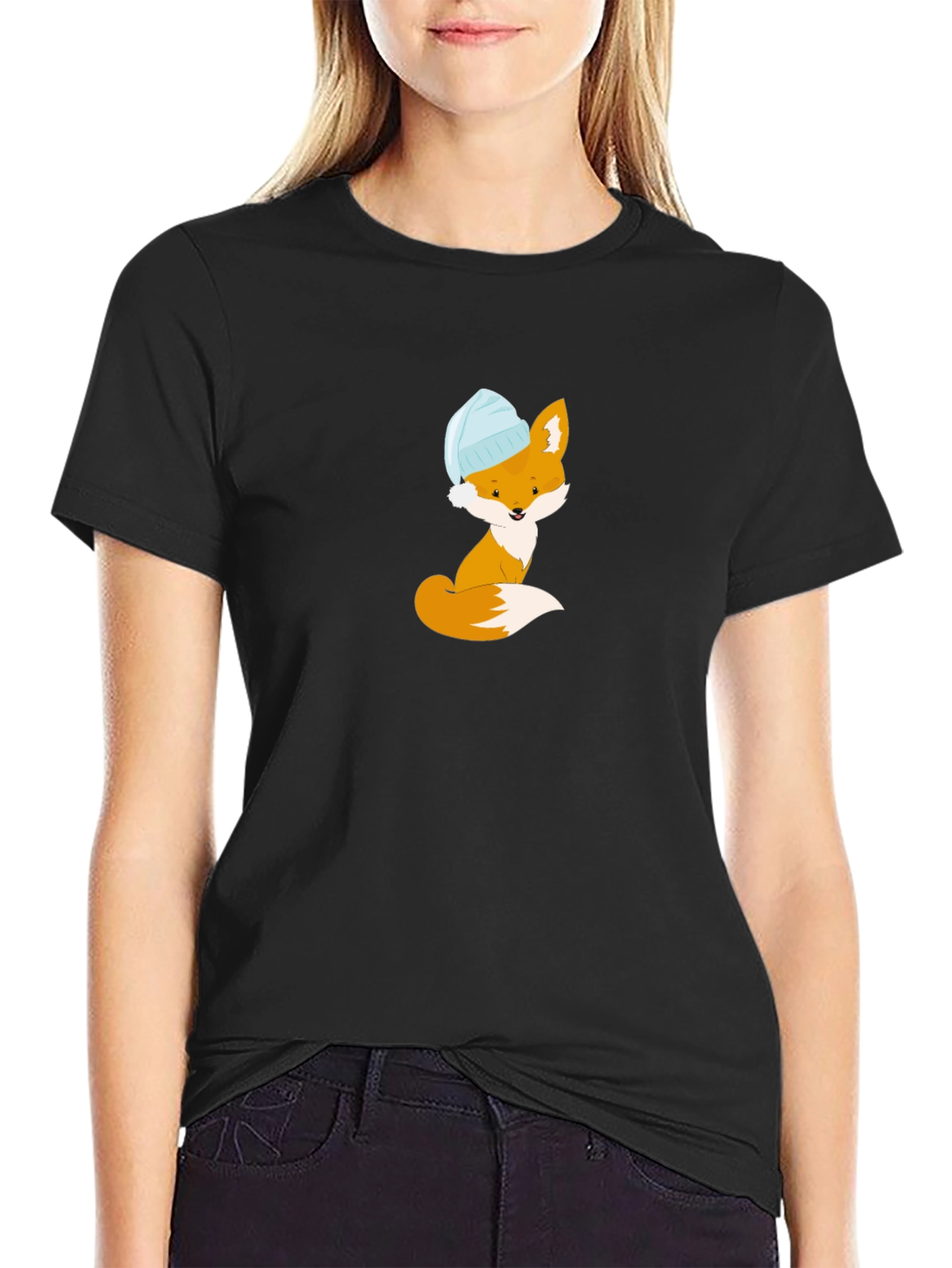 Black Fox with Beanie T-Shirt - Cute Animal Tee view 2