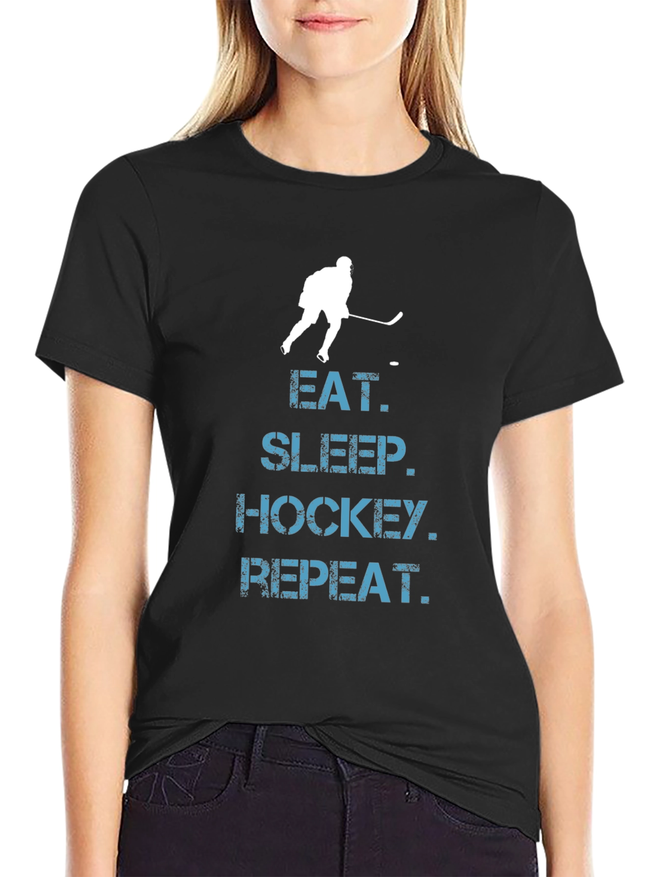 Black Eat Sleep Hockey Repeat T-Shirt - Black Graphic Tee view 2