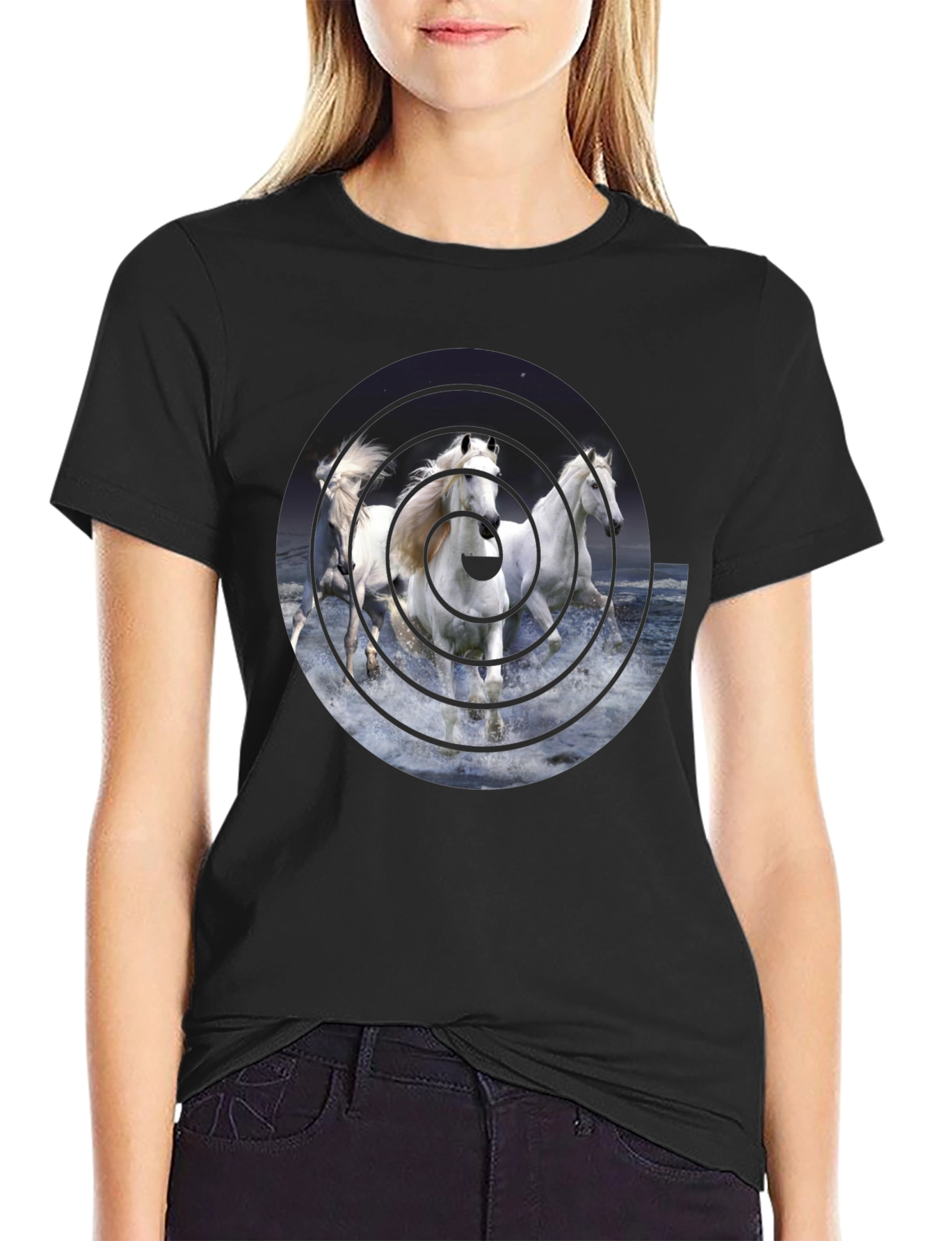 Black Equine Vortex Black T-Shirt - Unique Horse Design view 2
