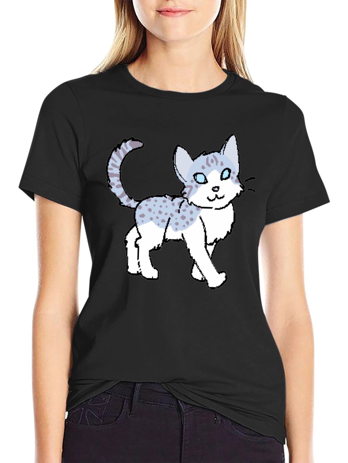 Black Cartoon Cat Print Black T-Shirt view 2