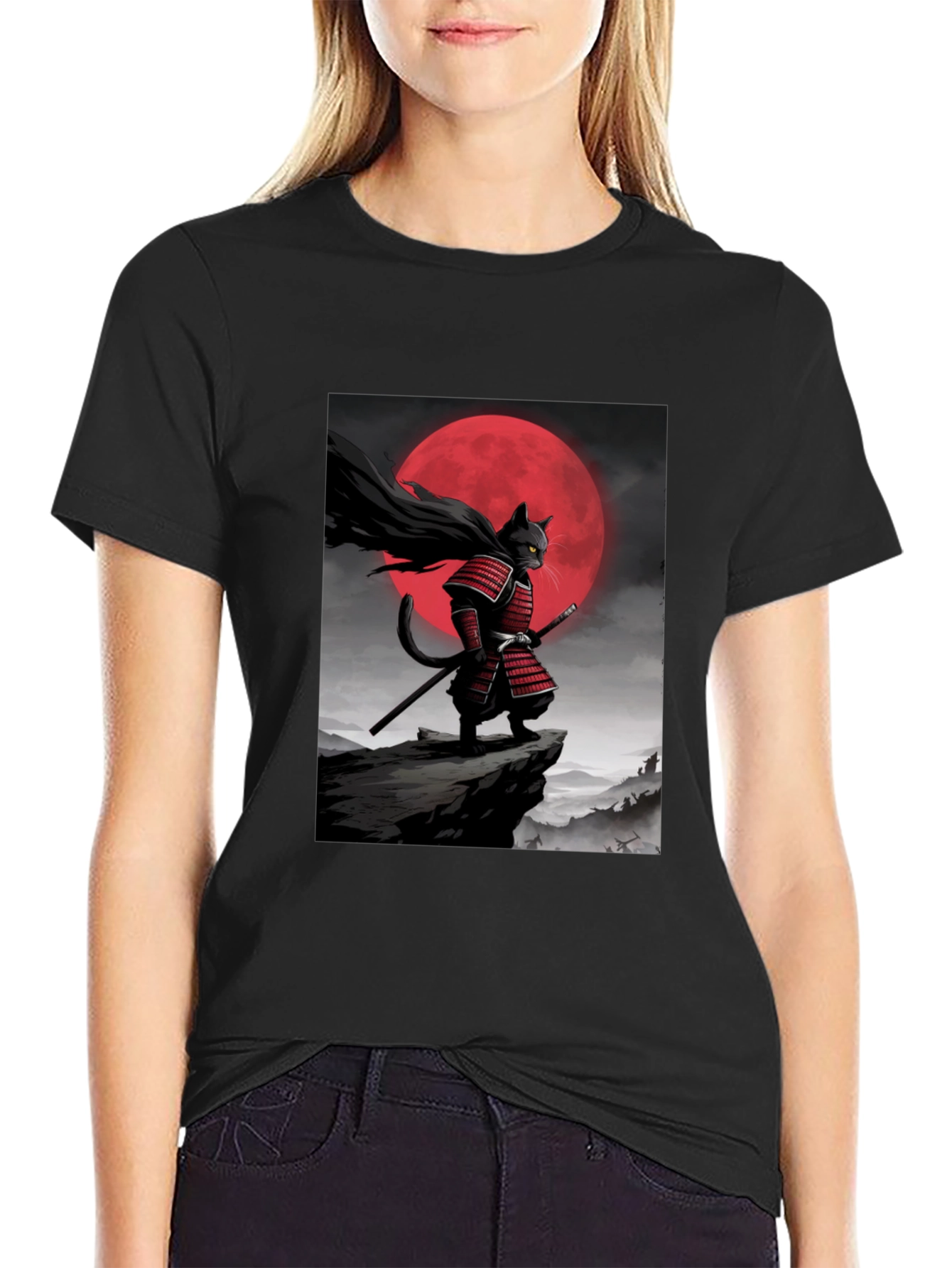 Black Samurai Cat Graphic T-Shirt view 2