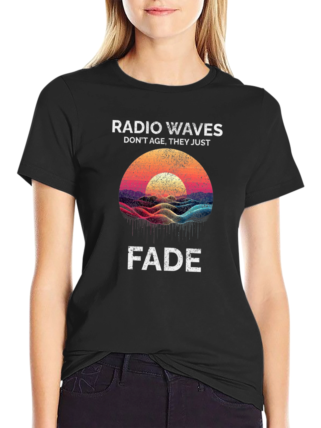 Black Radio Waves Graphic T-Shirt - Sunset Fade Design view 2