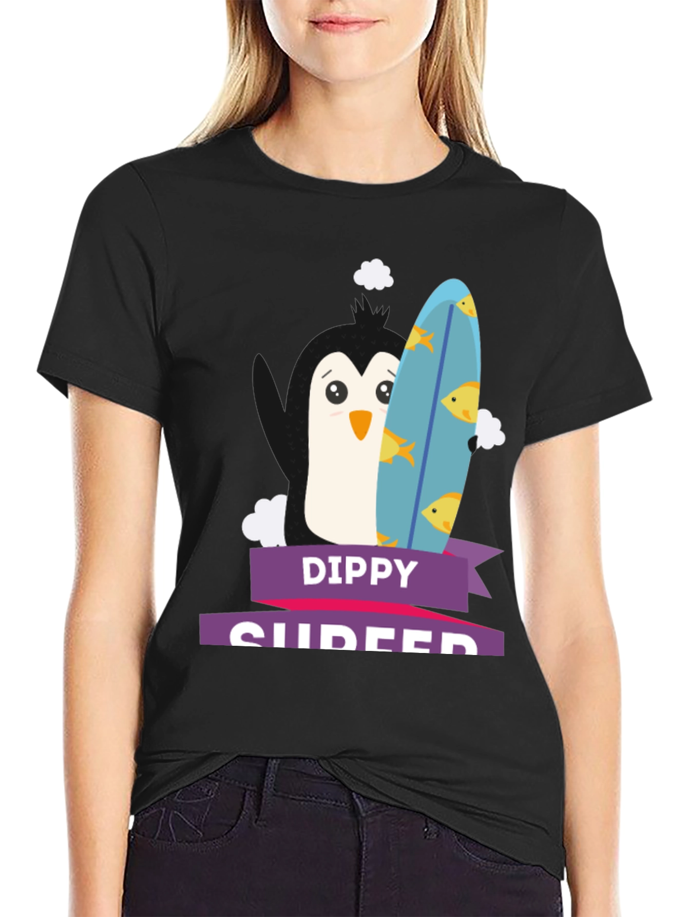 Black Dippy Surfer Graphic Tee - Penguin Surfboard Shirt view 2