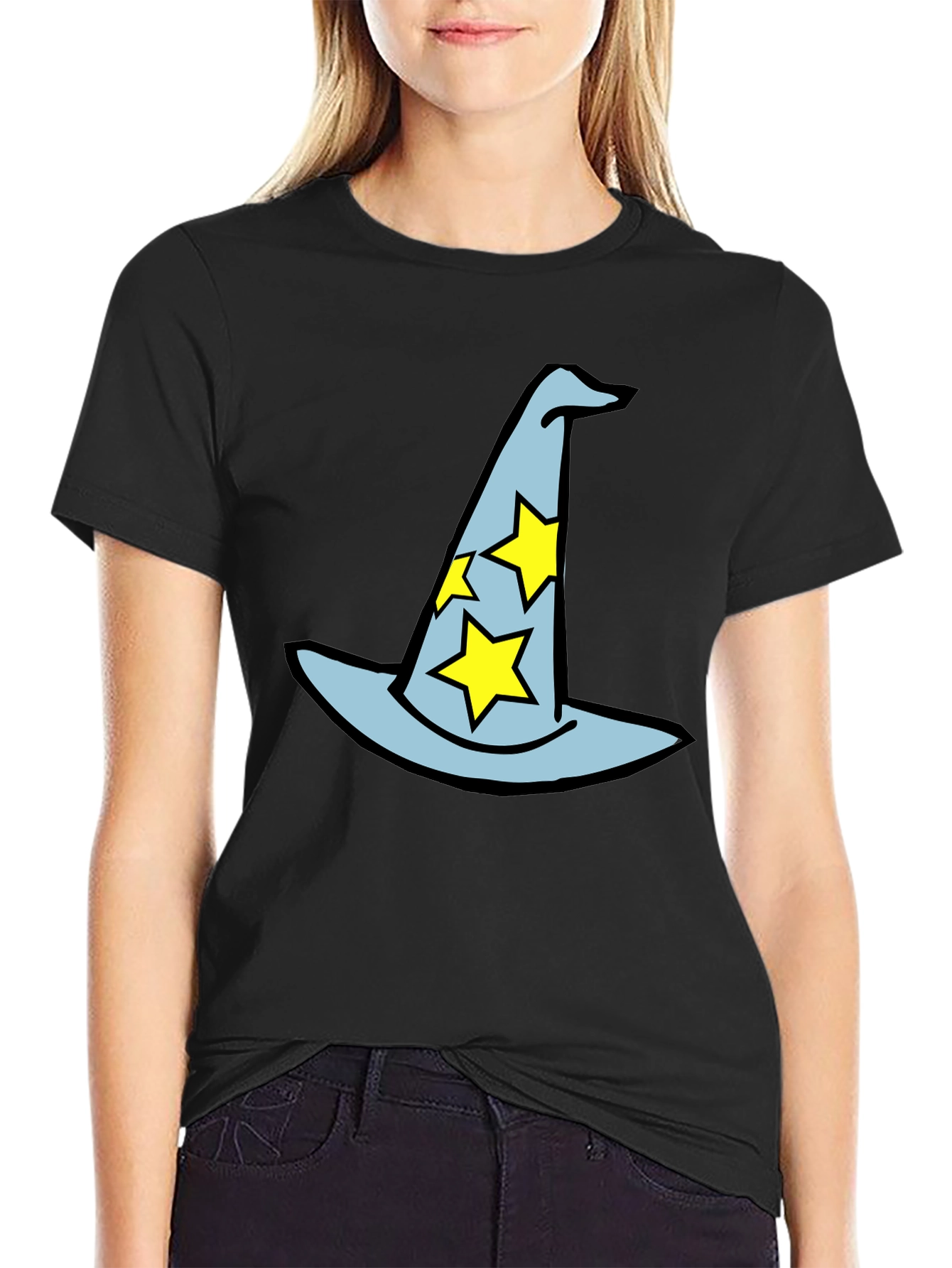 Black Wizard Hat Graphic Tee - Magical Star Design Black T-Shirt view 2