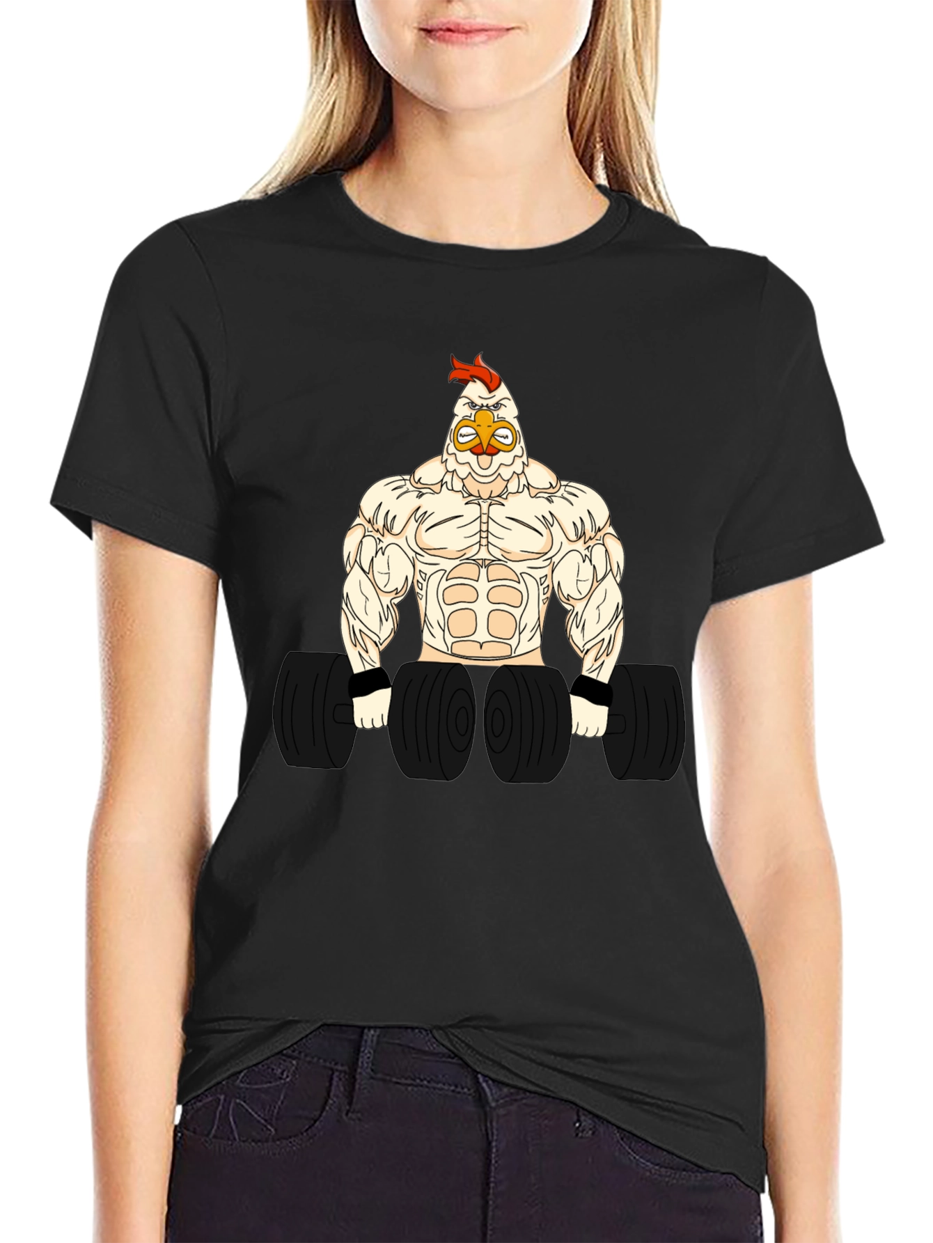 Black Funny Gym Chicken Graphic T-Shirt - Bodybuilder Rooster view 2
