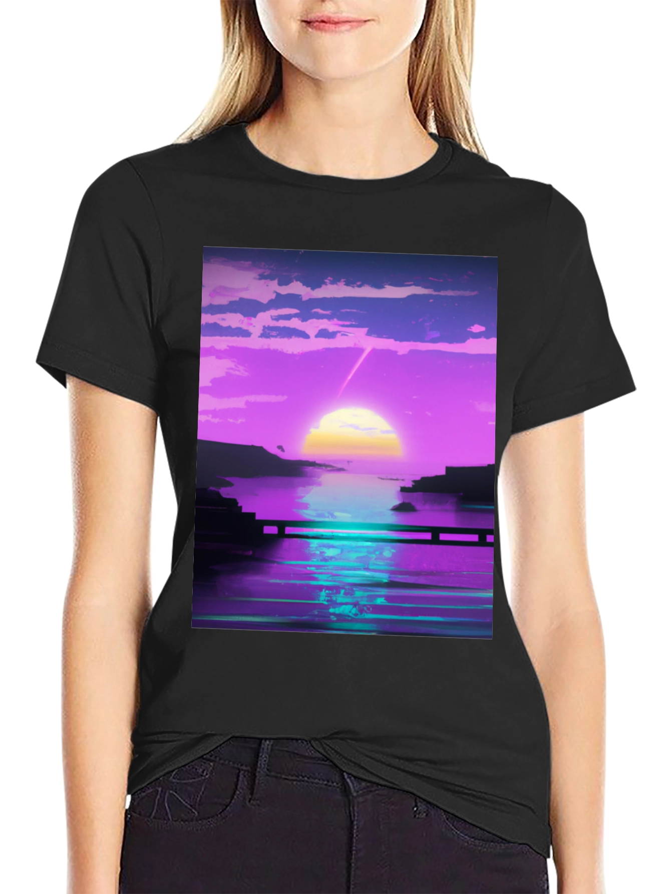 Black Vaporwave Sunset Graphic Tee - Retro Style view 2
