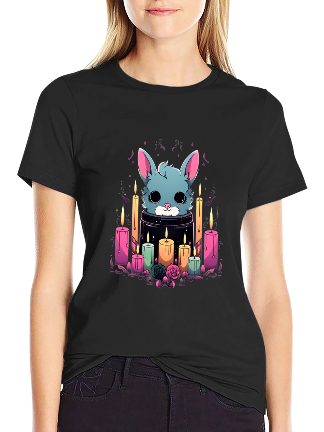 Black Cute Bunny Candle T-Shirt - Stylish Graphic Tee view 2