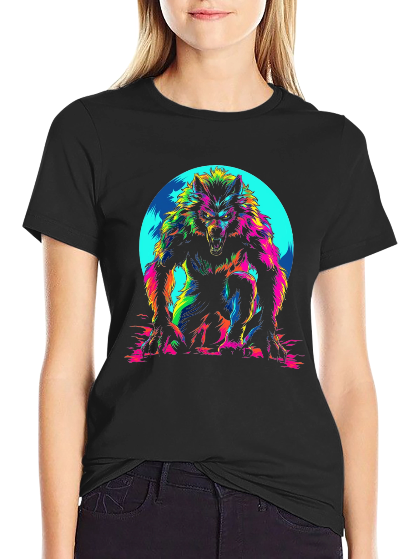 Black Vibrant Werewolf Graphic T-Shirt - Men's Black Crew Neck view 2