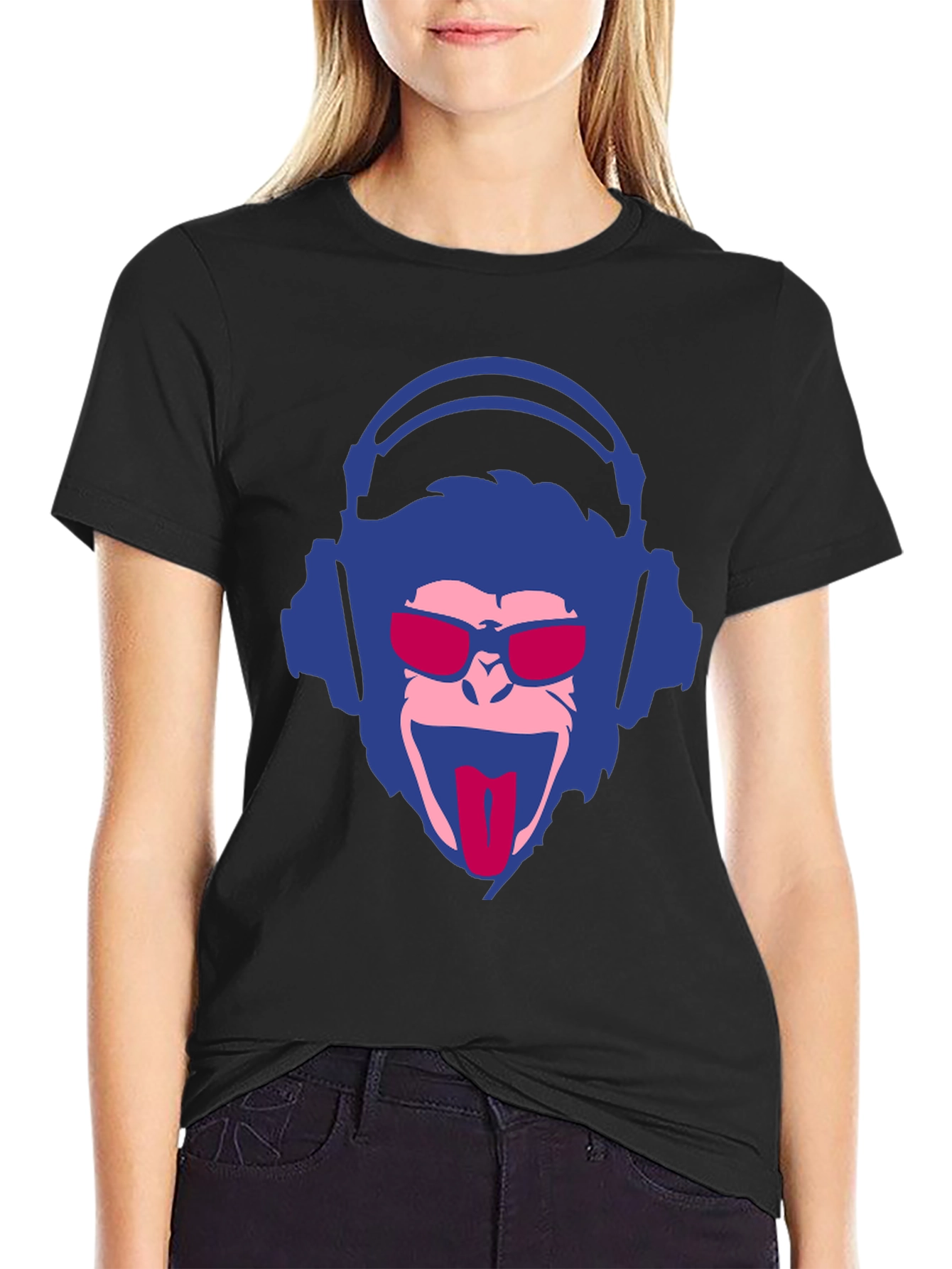 Black Cool Monkey Graphic Tee - Funny DJ Monkey T-Shirt view 2