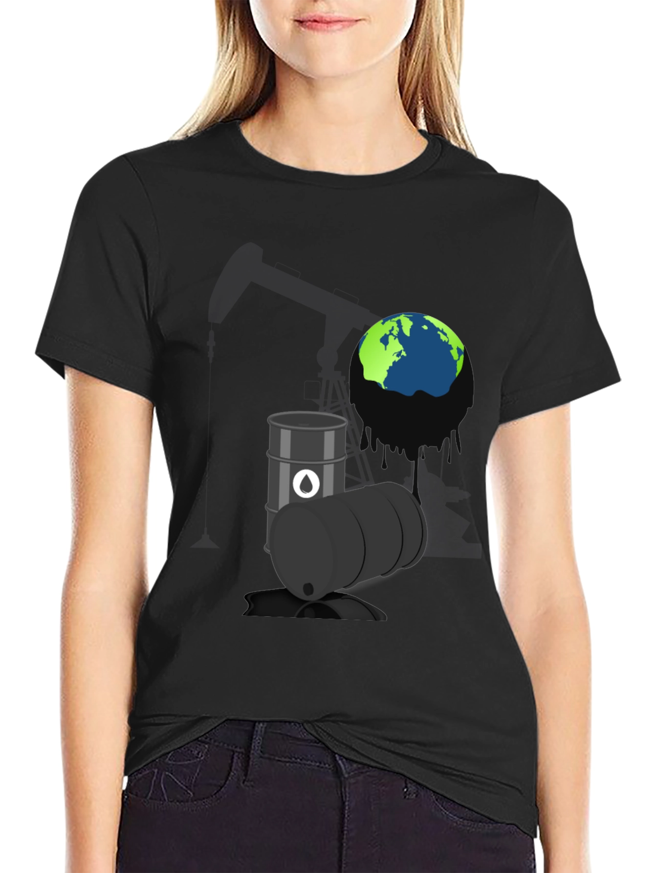 Black Eco-Awareness Graphic Tee - Oil & Earth Design view 2