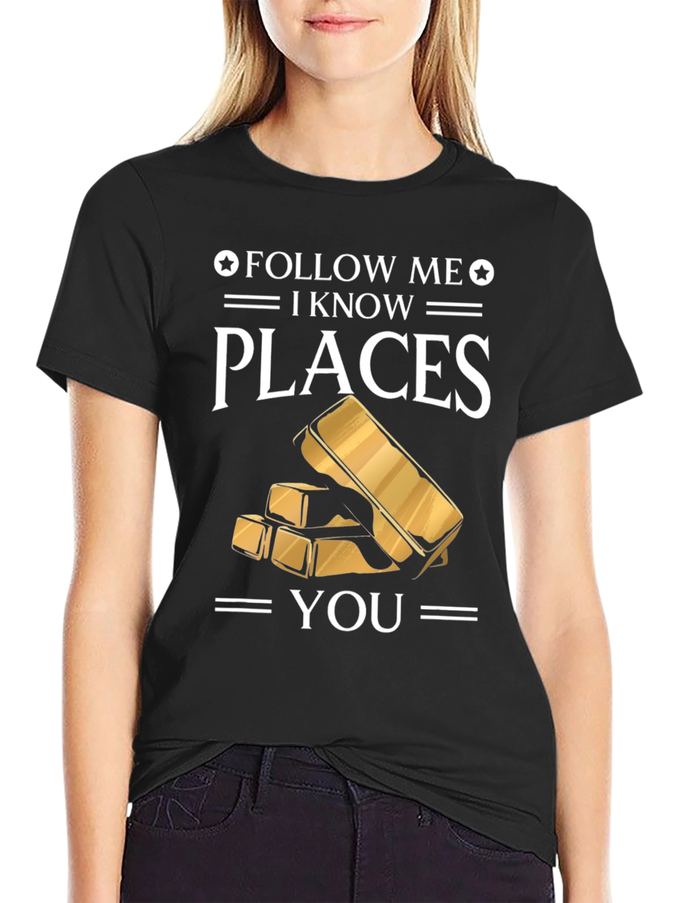Black Follow Me I Know Places Gold Bar T-Shirt view 2