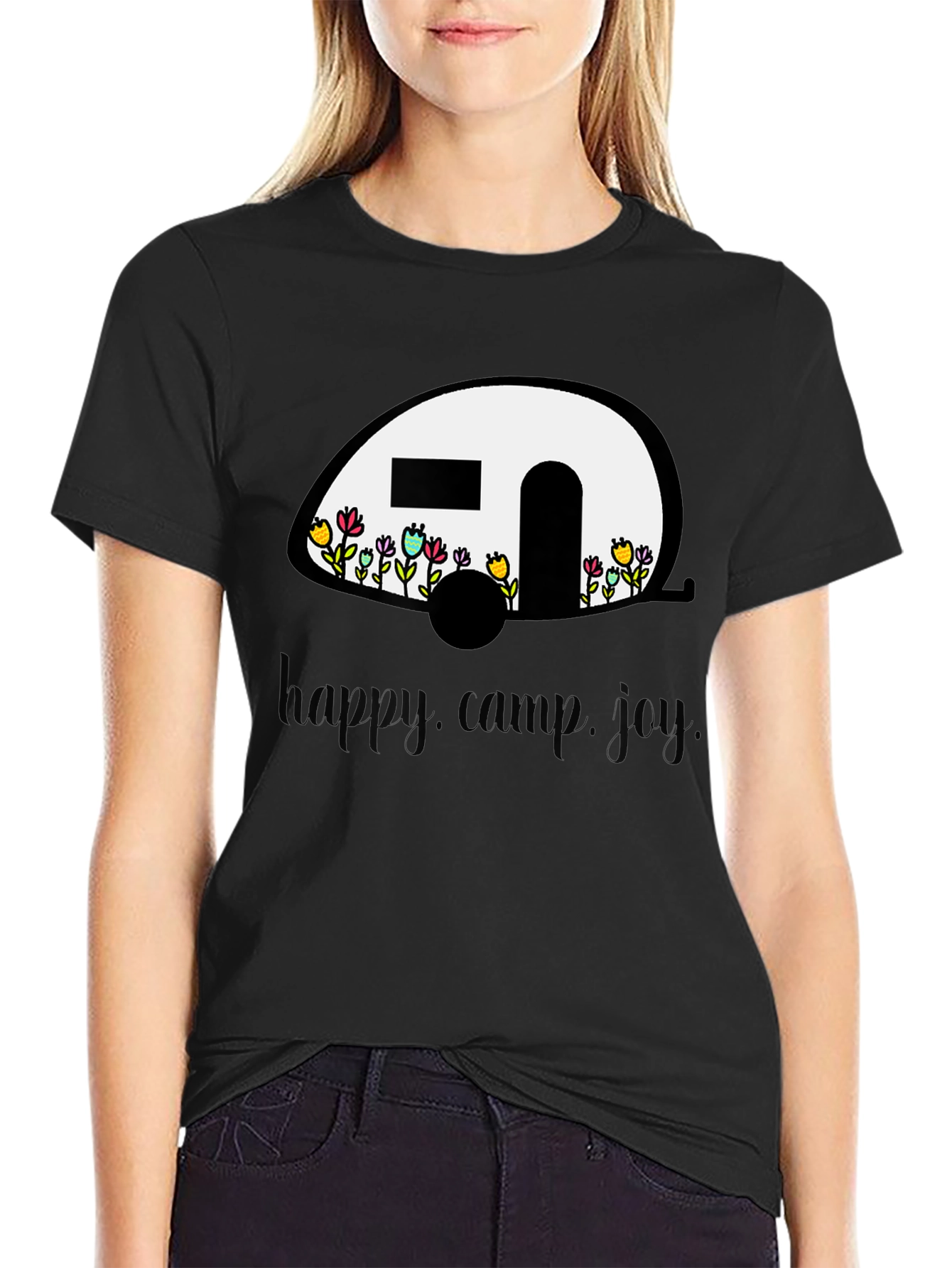 Black Happy Camper T-Shirt - Floral RV Design view 2