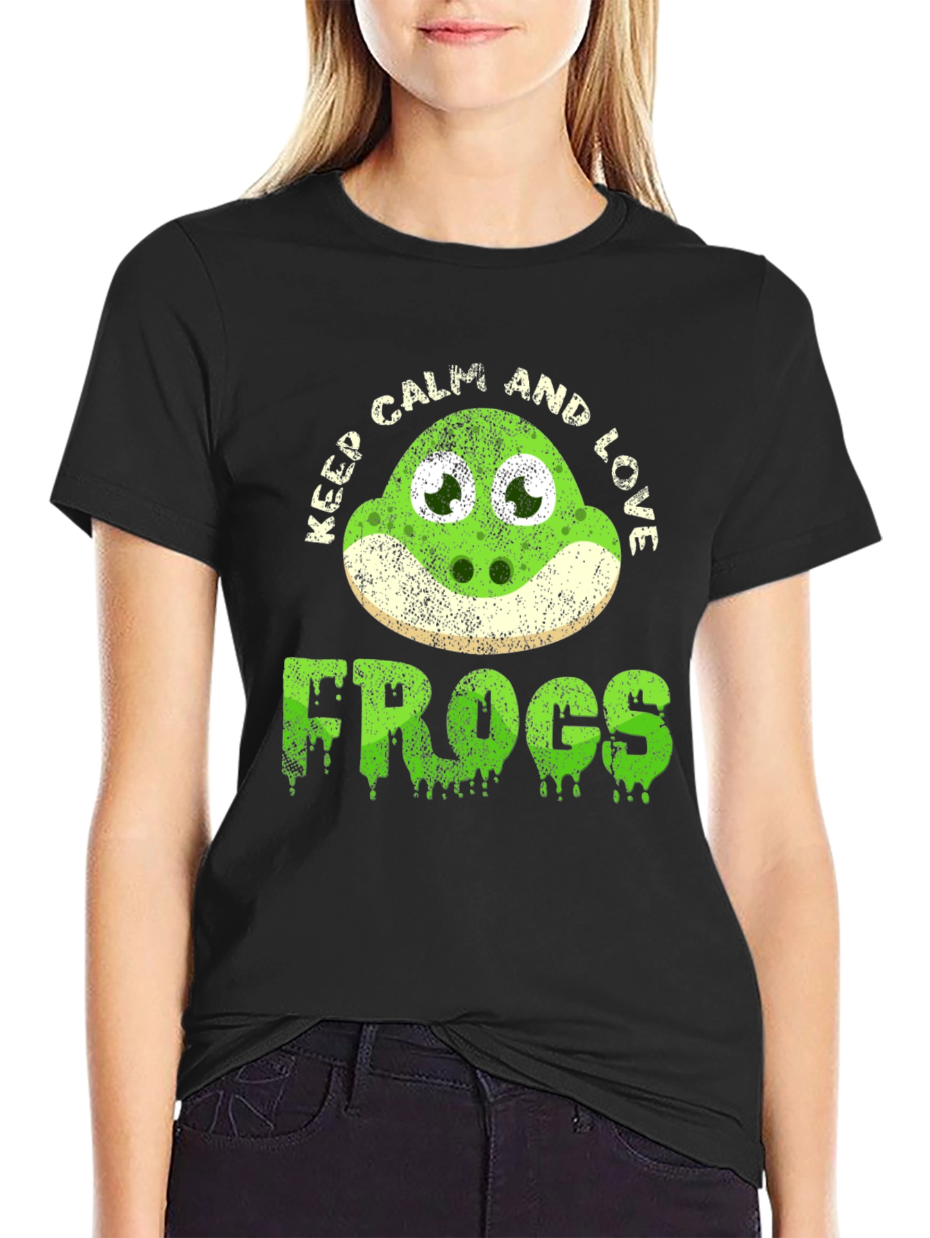 Black Keep Calm and Love Frogs Funny T-Shirt view 2