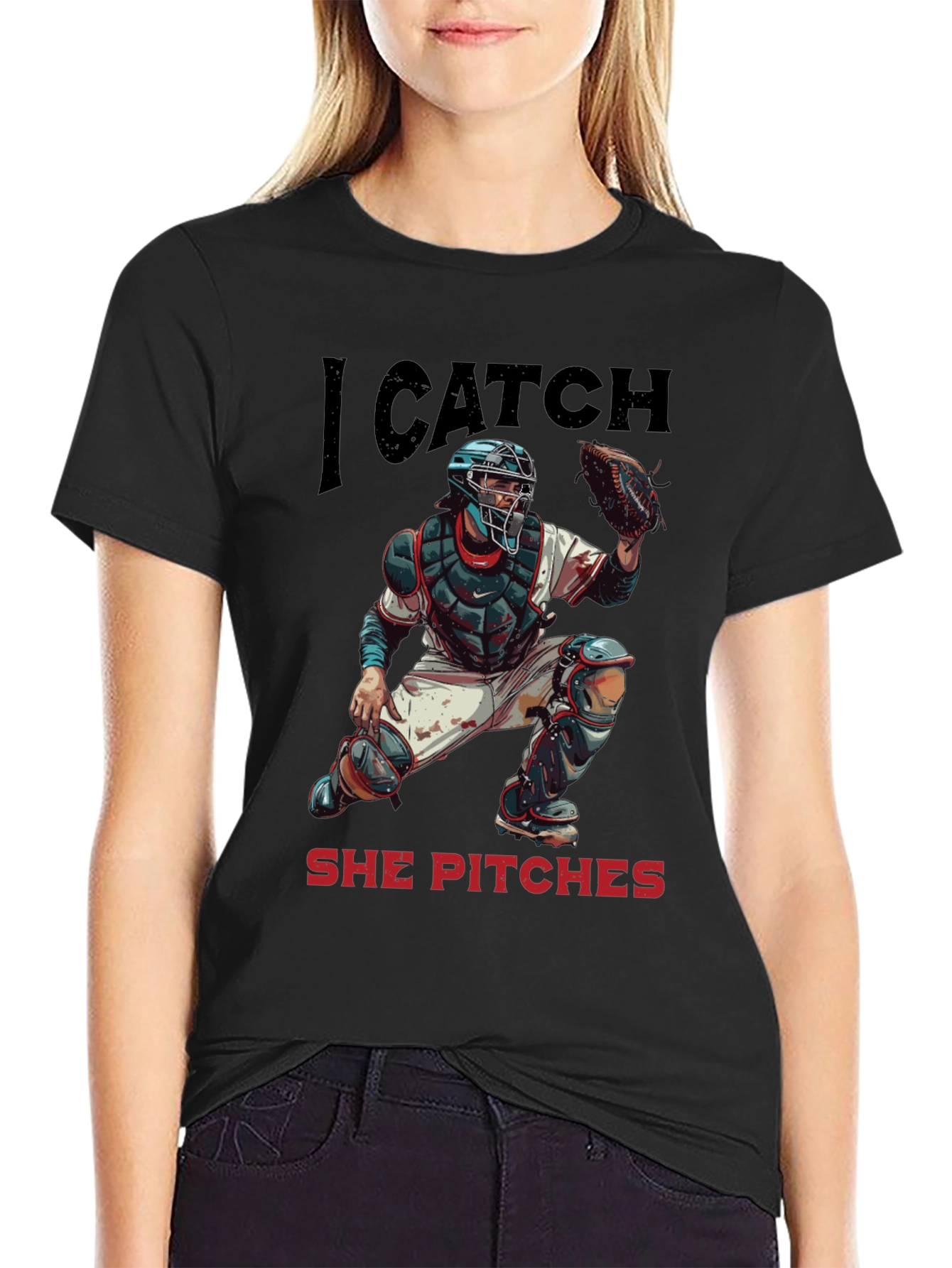 Black I Catch She Pitches Baseball T-Shirt view 2