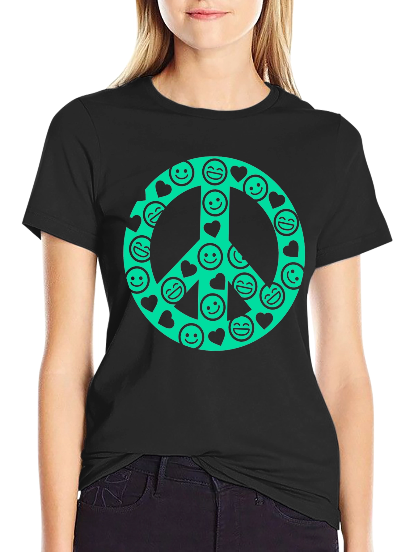 Black Peace Sign Smiley Face Graphic T-Shirt view 2