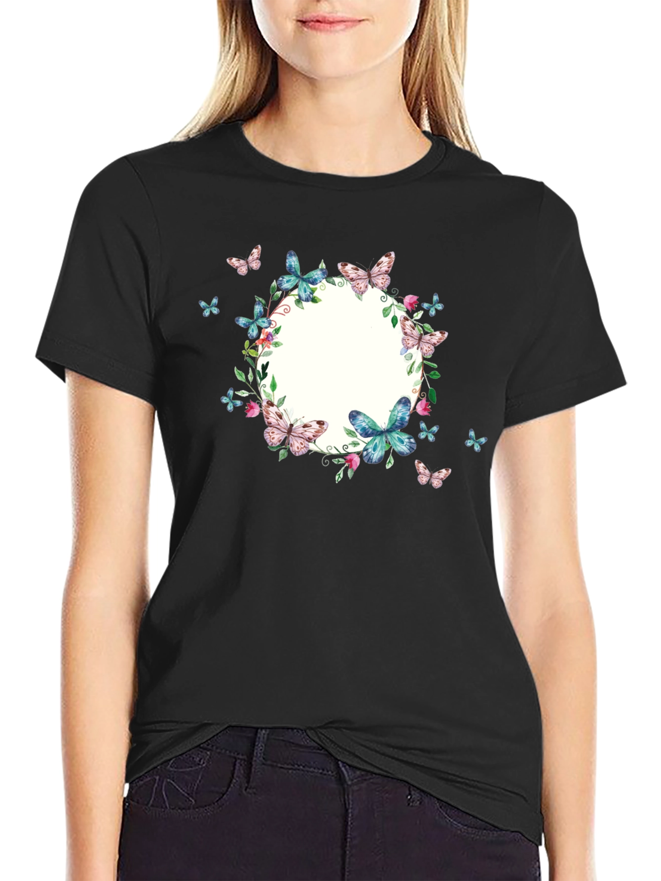 Black Butterfly Wreath Graphic Black T-Shirt view 2