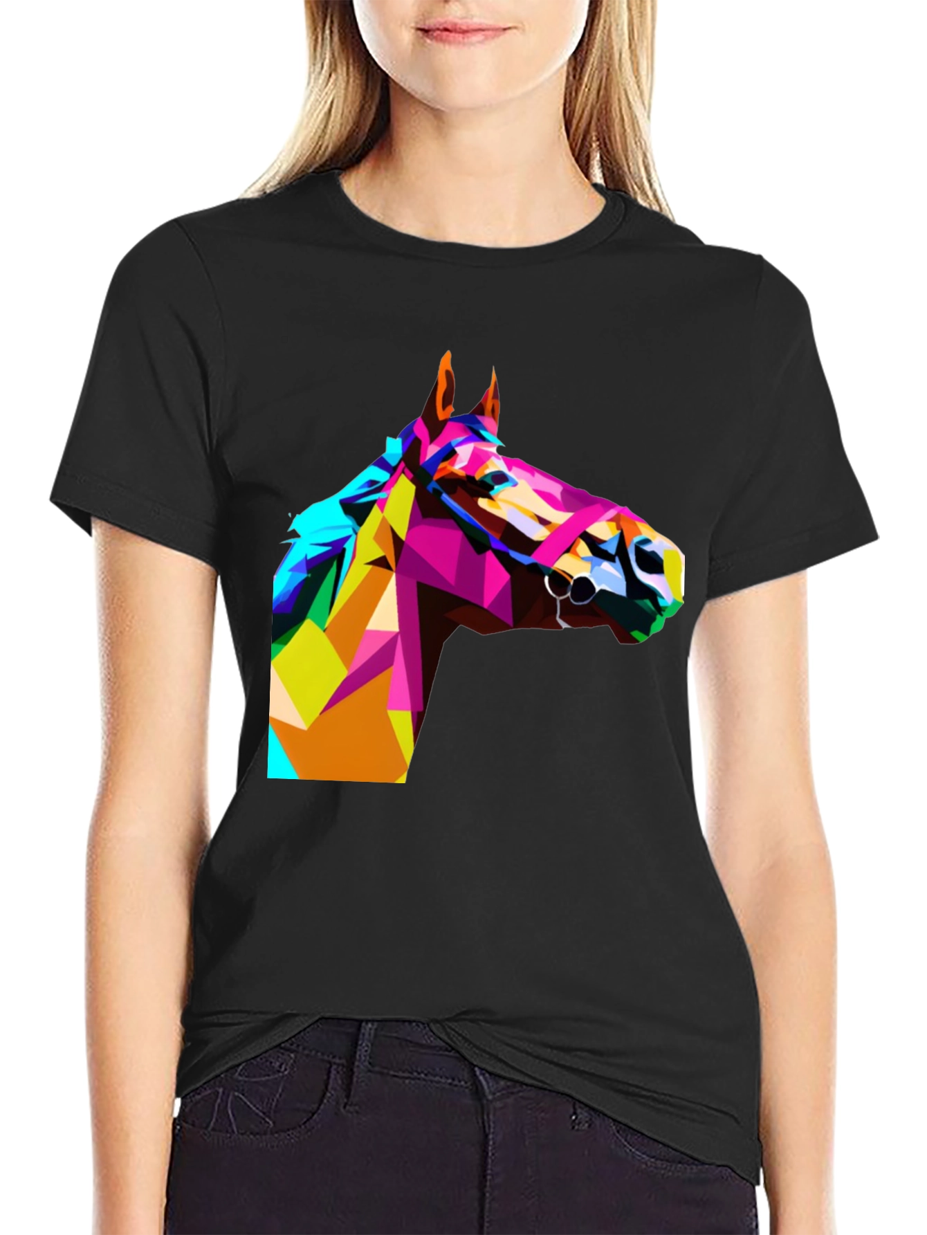 Black Geometric Horse Head Print Black T-Shirt view 2