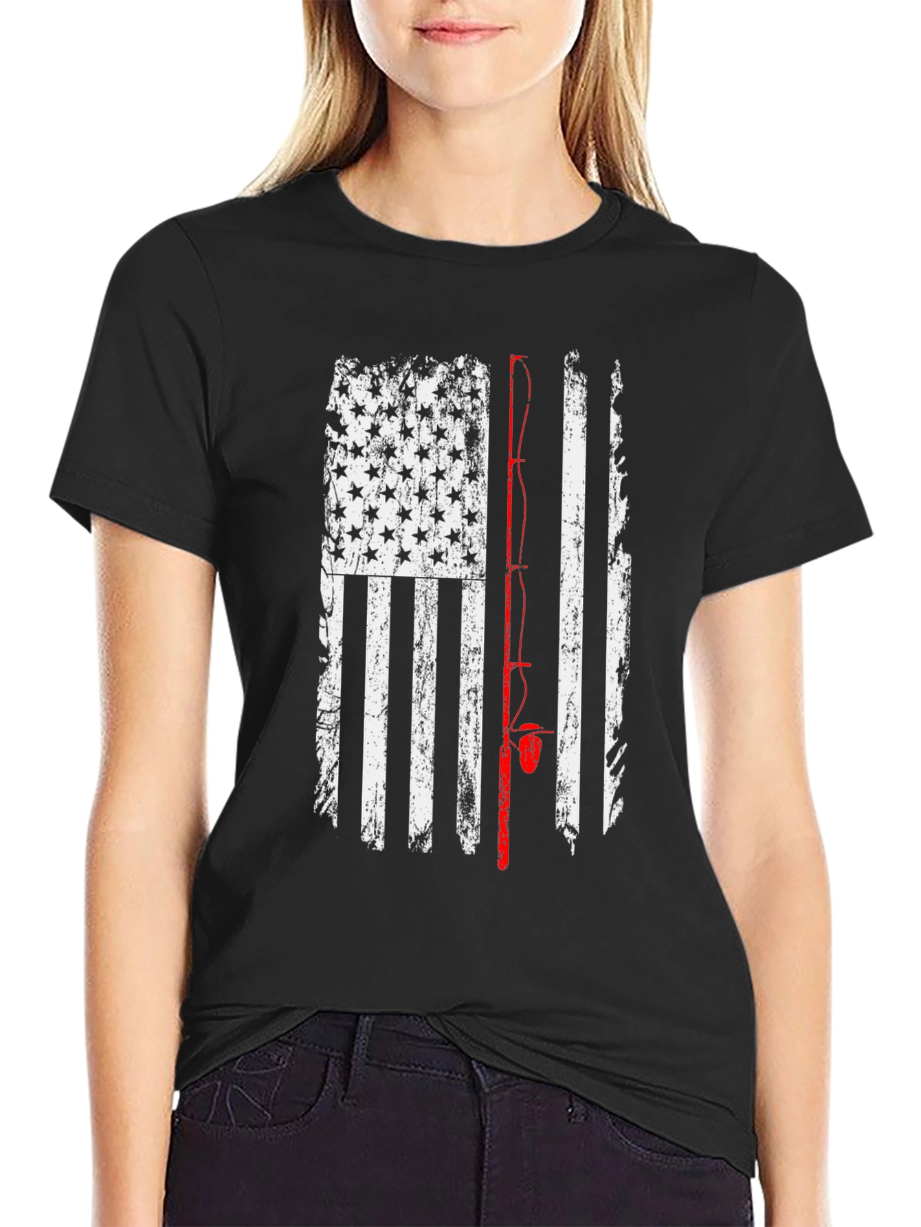 Black American Flag Fishing Rod T-Shirt - Patriotic Angler Tee view 2