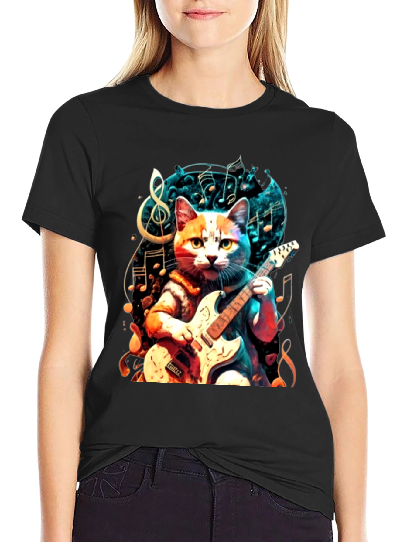 Black Cat Playing Guitar Graphic Tee view 2
