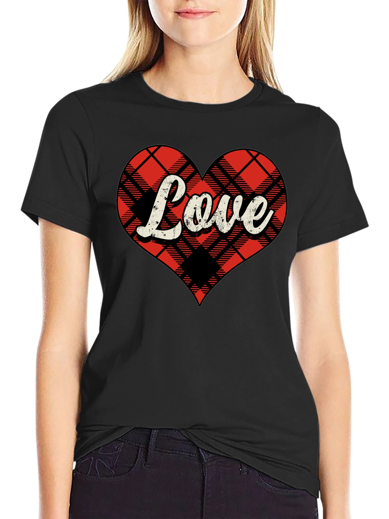 Black Plaid Heart Love Graphic Tee - Stylish & Comfy view 2