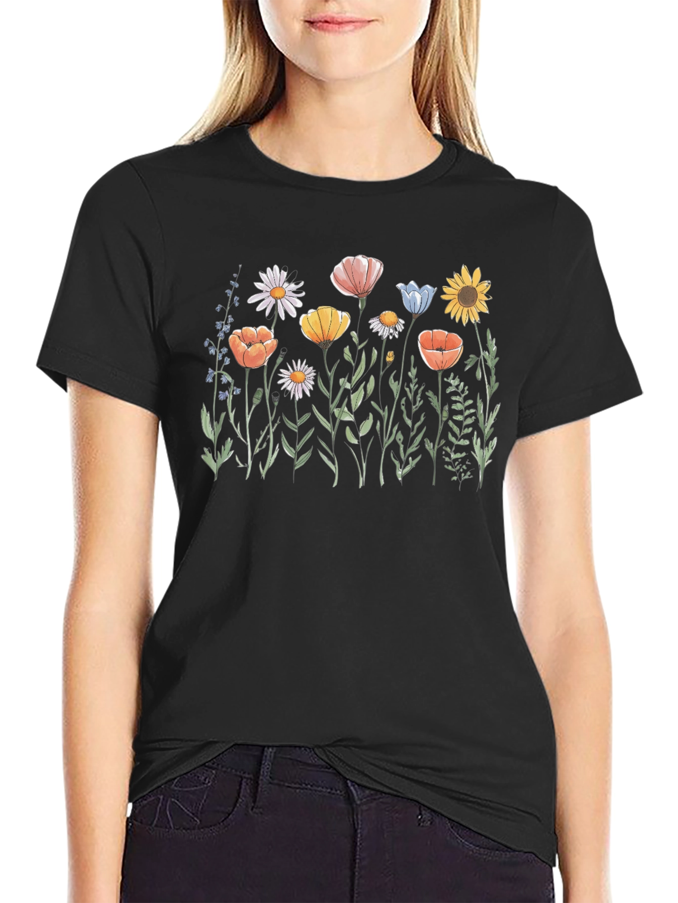 Black Floral Print Black T-Shirt view 2