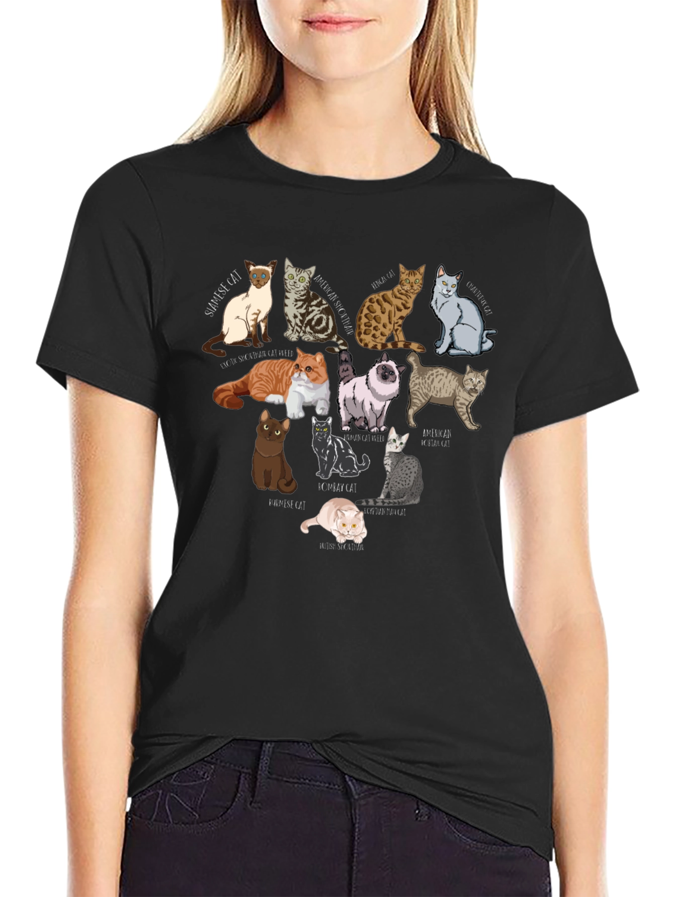 Black Cat Breeds Graphic T-Shirt - Unisex Black Tee view 2