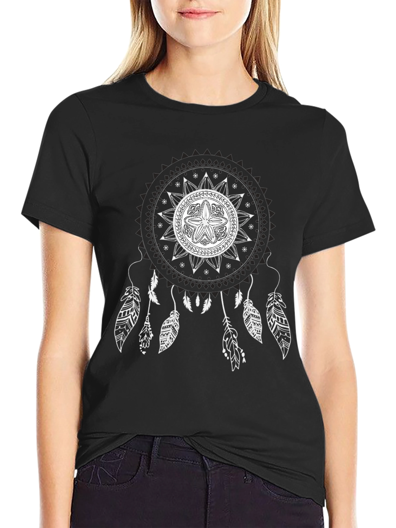 Black Black T-Shirt with Mandala Dreamcatcher Design view 2