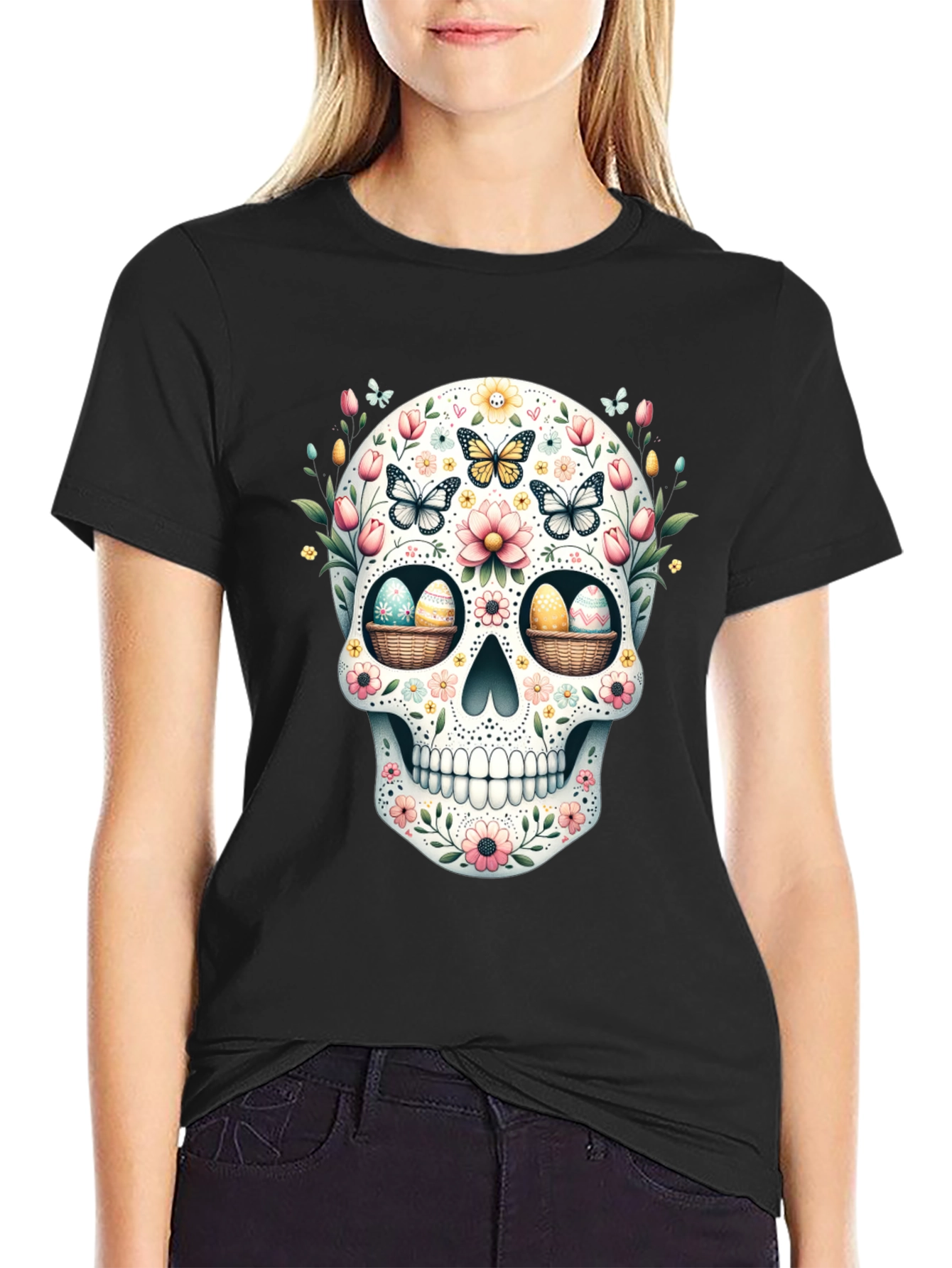 Black Floral Skull Easter Egg T-Shirt view 2