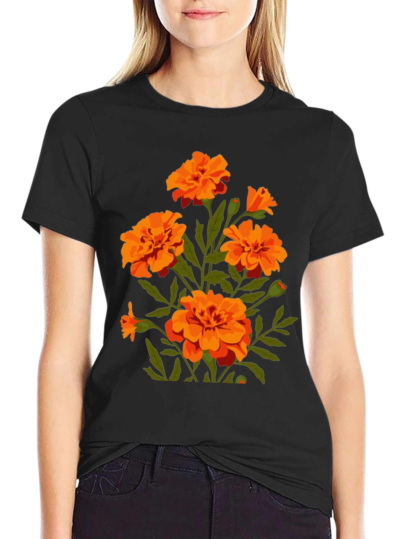 Black Black T-Shirt with Orange Flower Graphic Print view 2