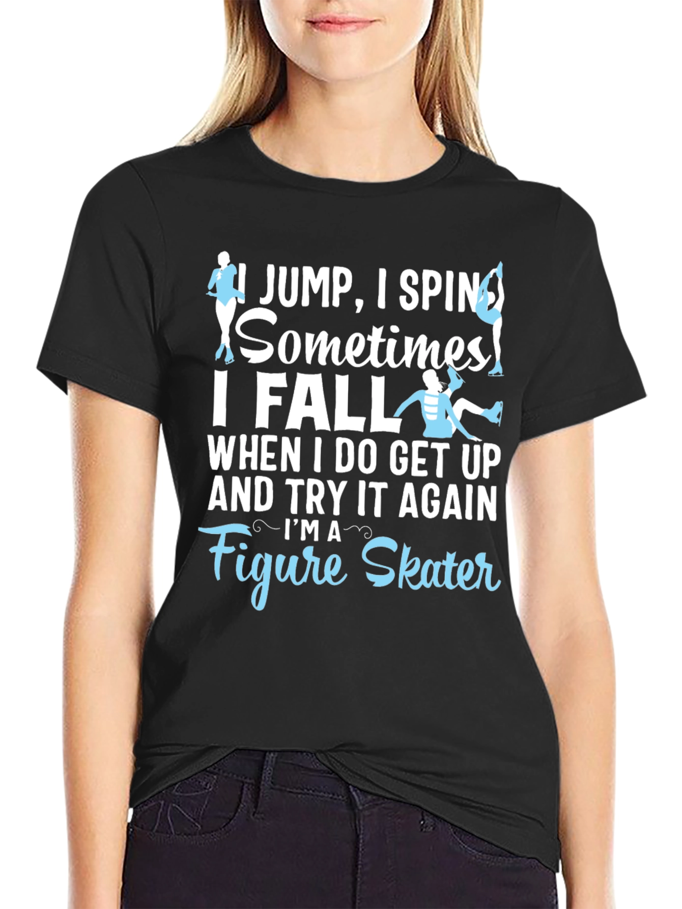 Black Figure Skater T-Shirt: I Jump, I Spin, I Fall - Funny Ice Skating Tee view 2