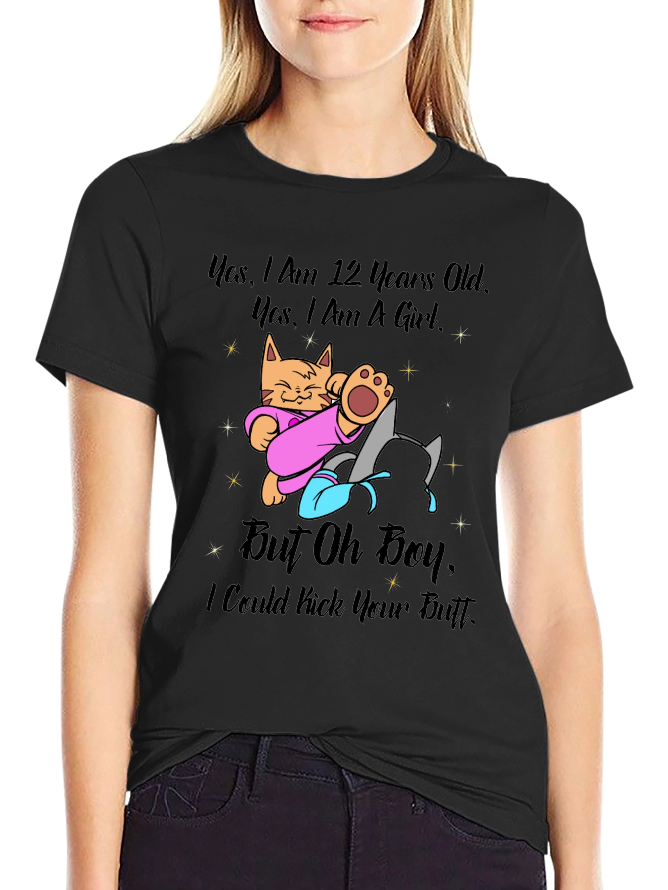 Black Funny Cat T-Shirt: 12 Years Old But Can Kick Your Butt view 2
