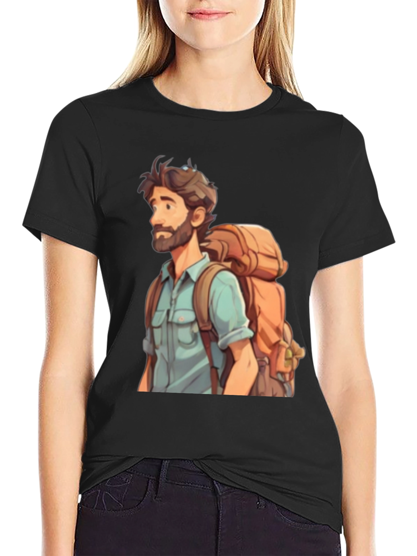 Black Cartoon Hiker T-Shirt - Black Cotton Blend Tee view 2