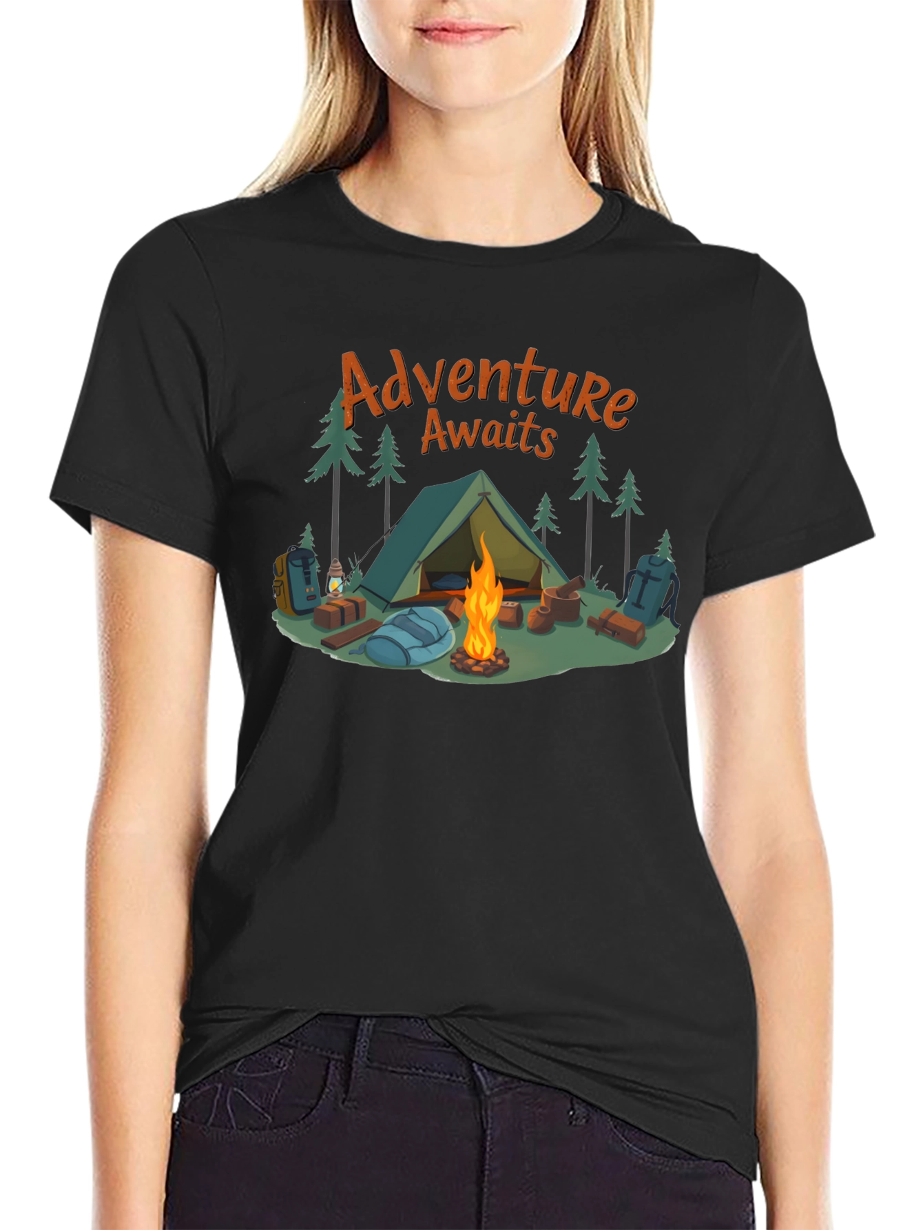 Black Adventure Awaits Graphic Tee - Camping Design view 2
