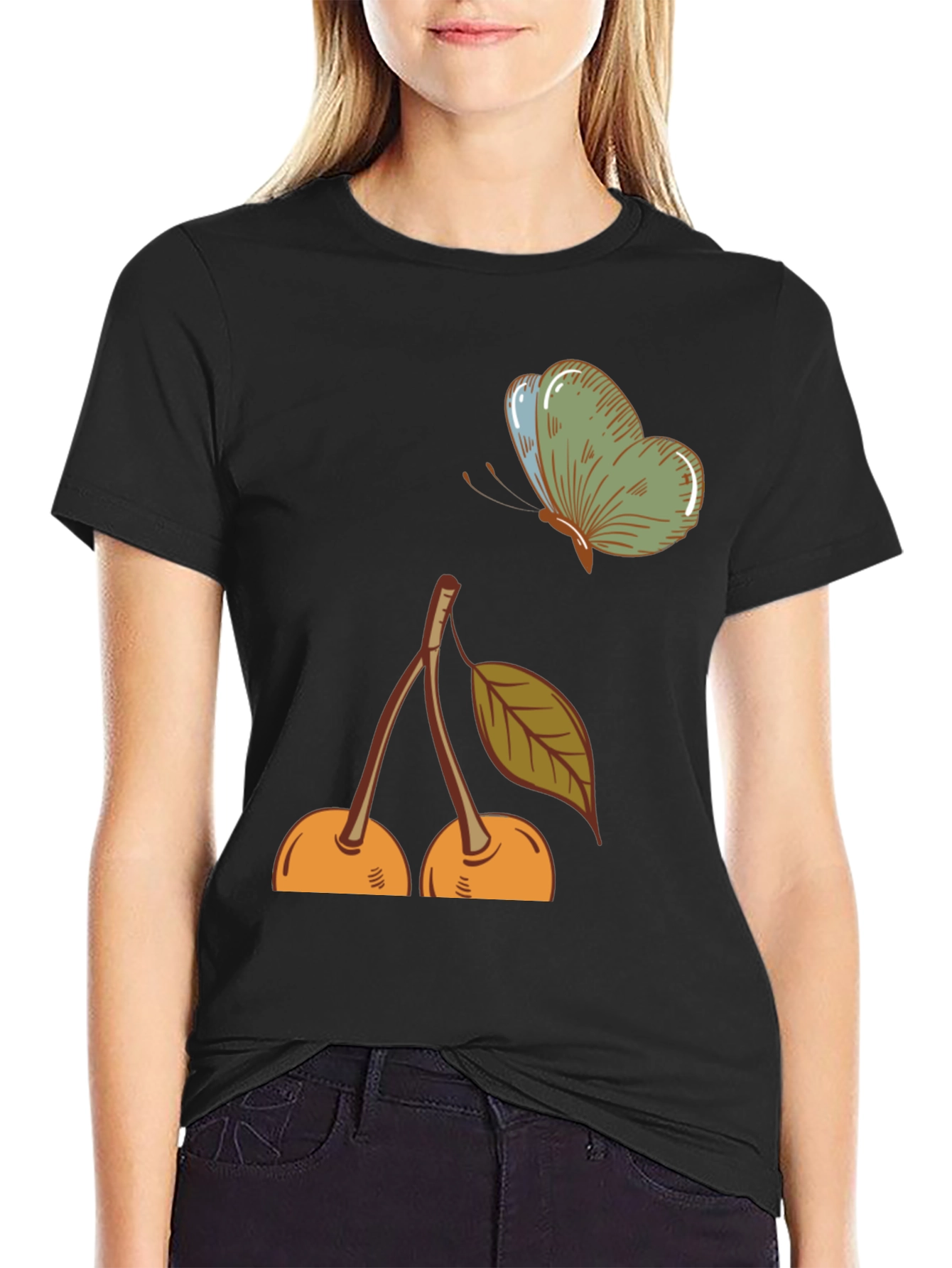 Black Cherry & Butterfly Graphic Tee - Black Casual T-Shirt view 2
