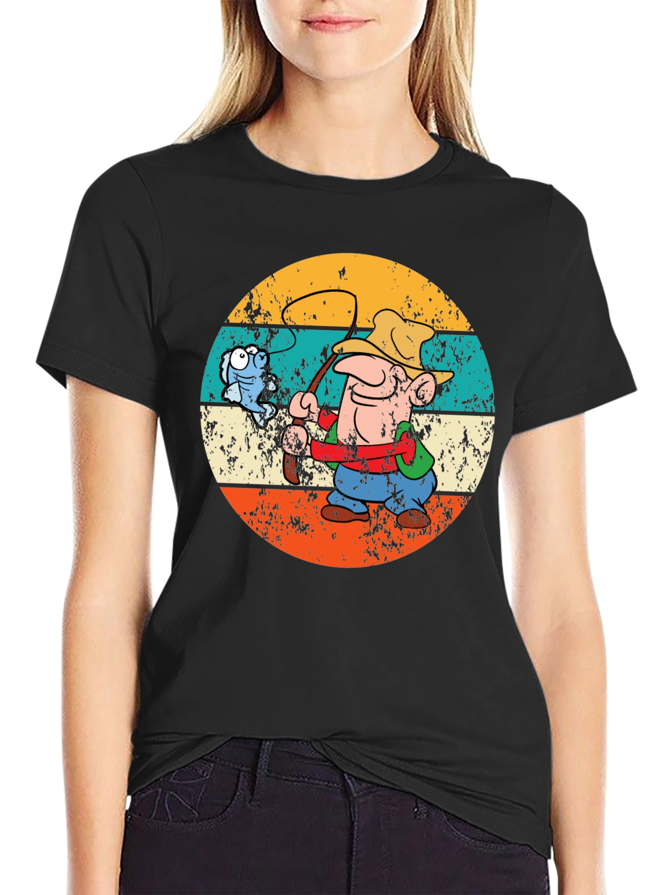 Black Retro Fishing Cartoon T-Shirt view 2