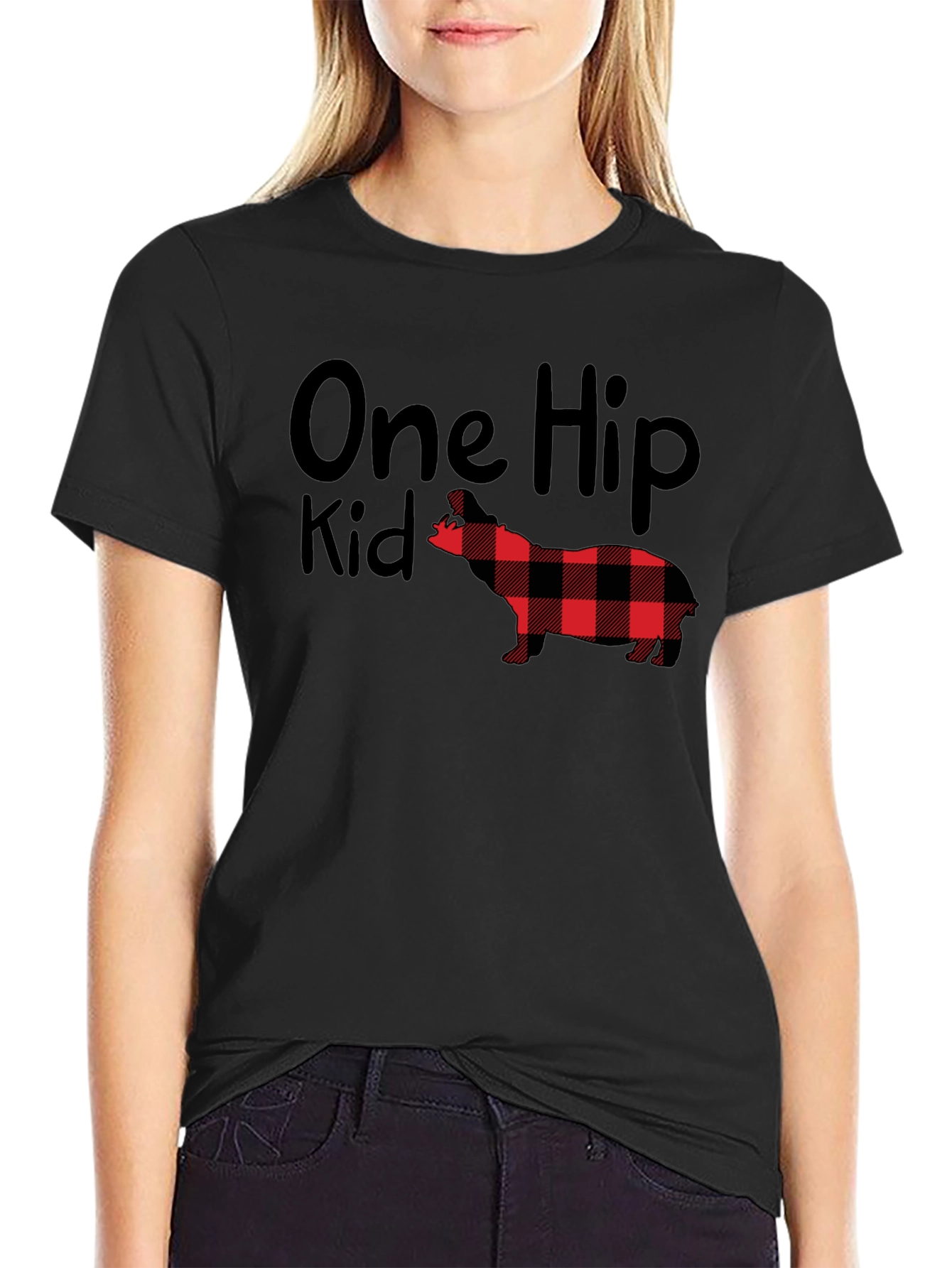 Black One Hip Kid Buffalo Plaid Dog T-Shirt view 2