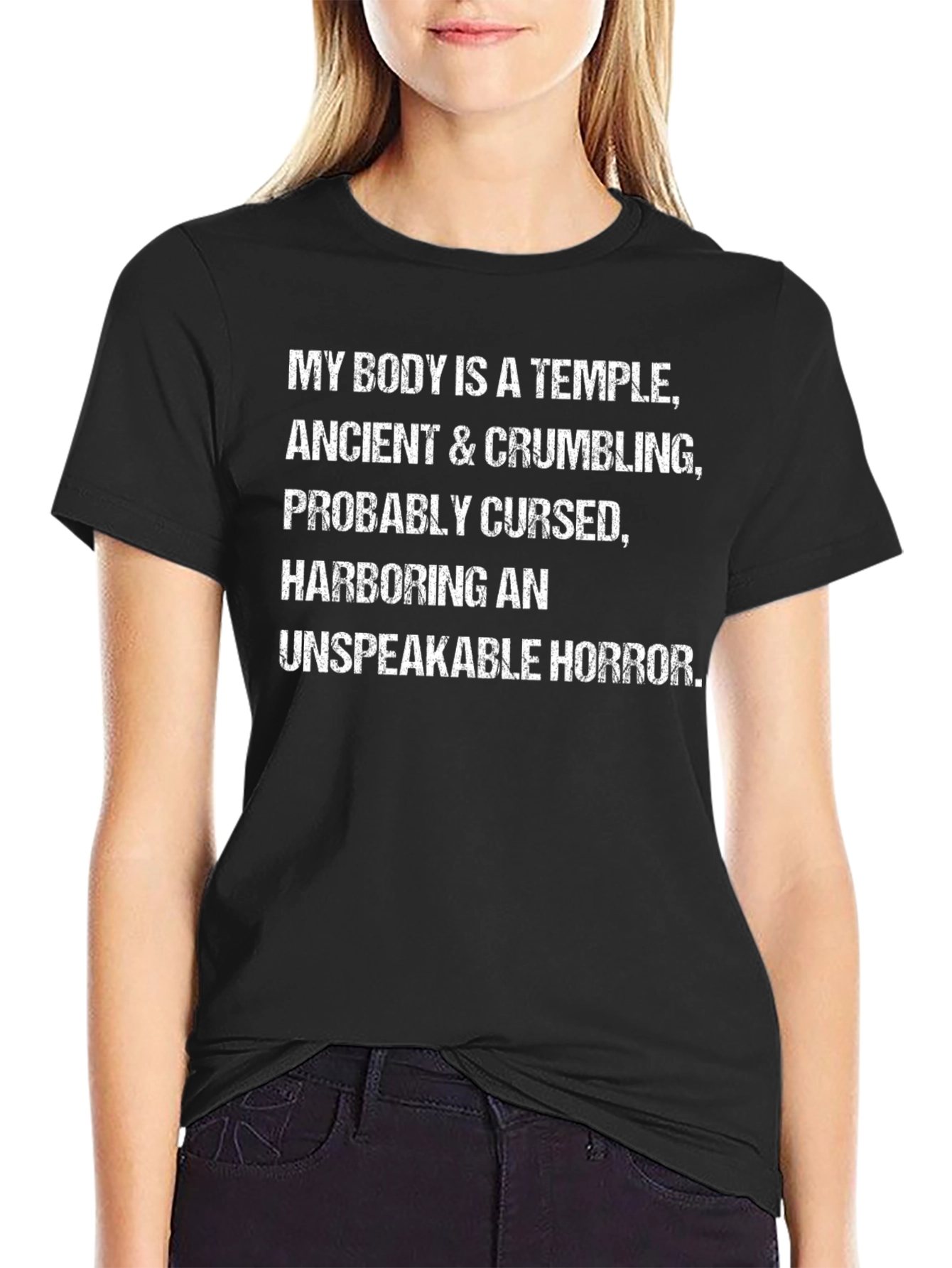 Black Humorous 'Ancient Temple' Graphic T-Shirt - Black Cotton Tee view 2