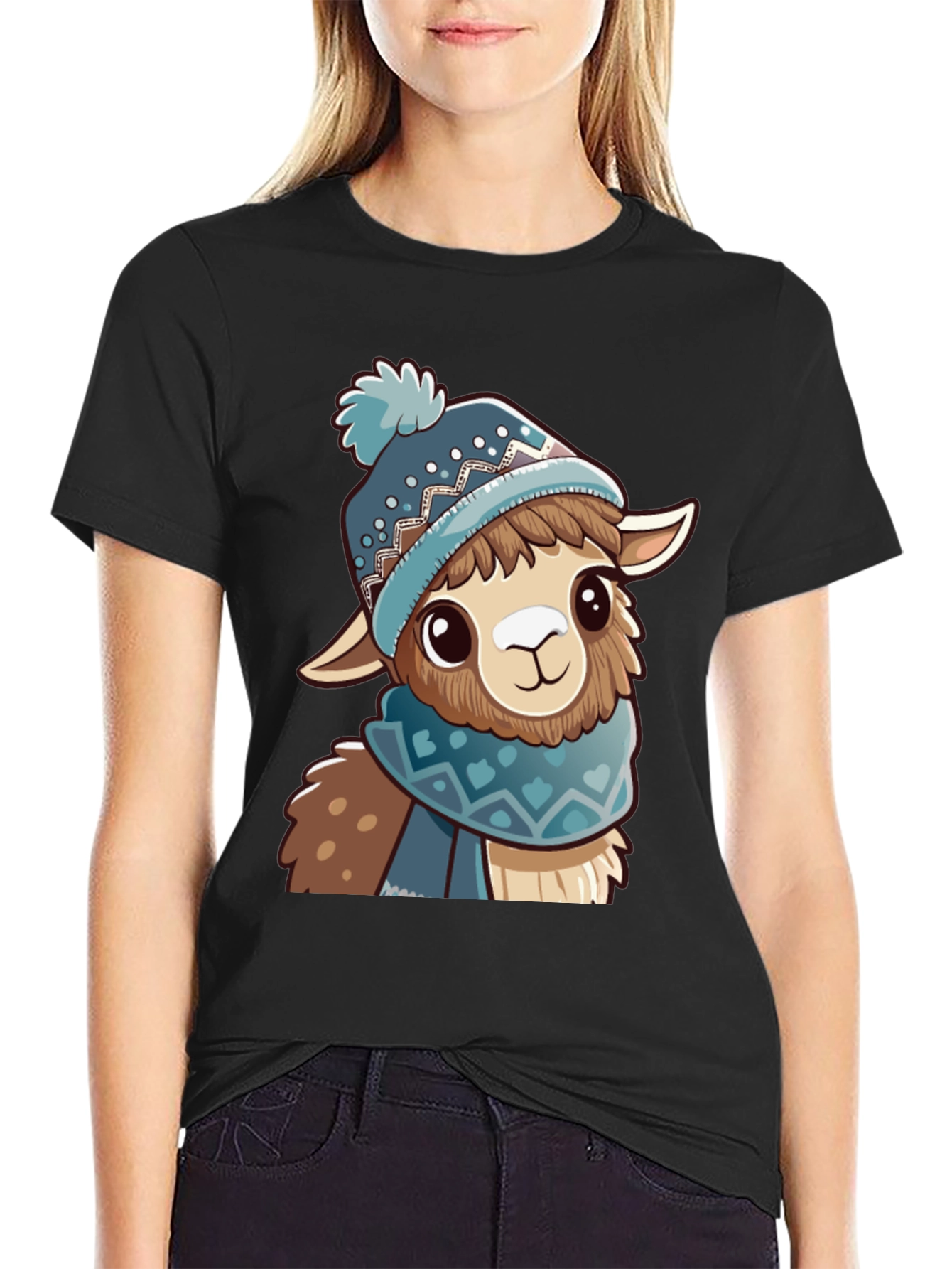Black Cute Llama in Winter Hat Black T-Shirt view 2