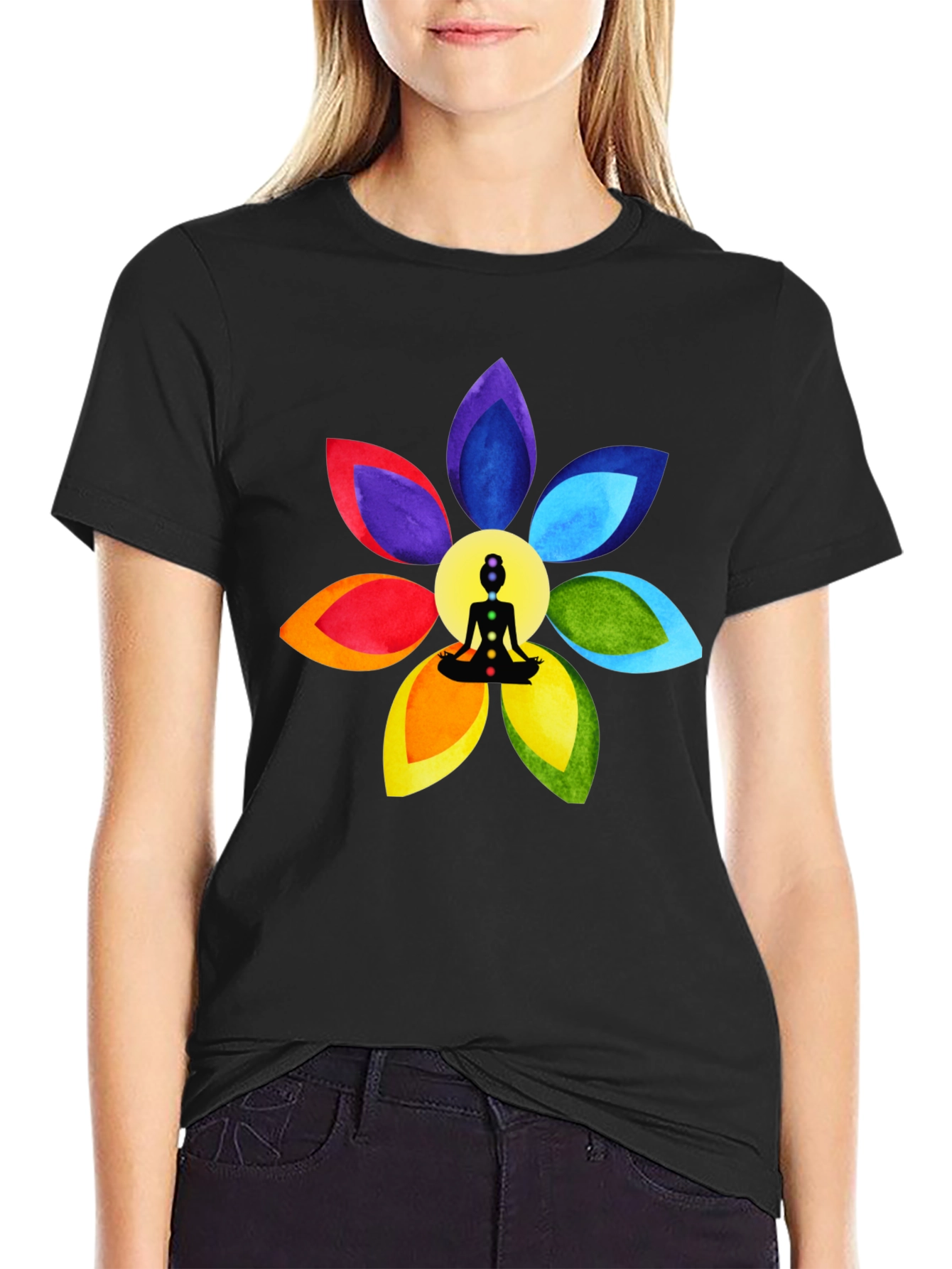 Black Chakra Flower Meditation T-Shirt - Spiritual Design view 2