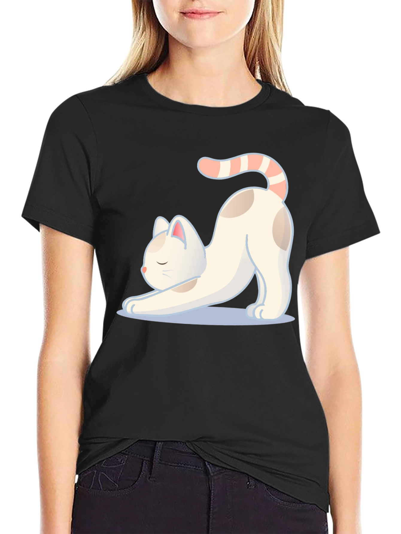 Black Cute Cat Stretching Graphic T-Shirt view 2