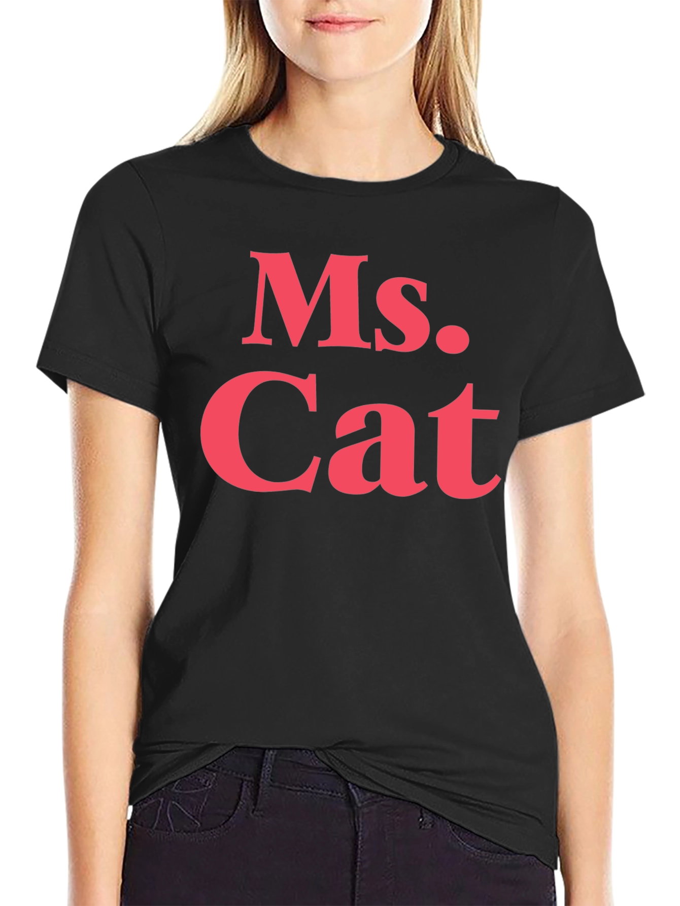 Black Ms. Cat T-Shirt - Bold Pink Text on Black view 2